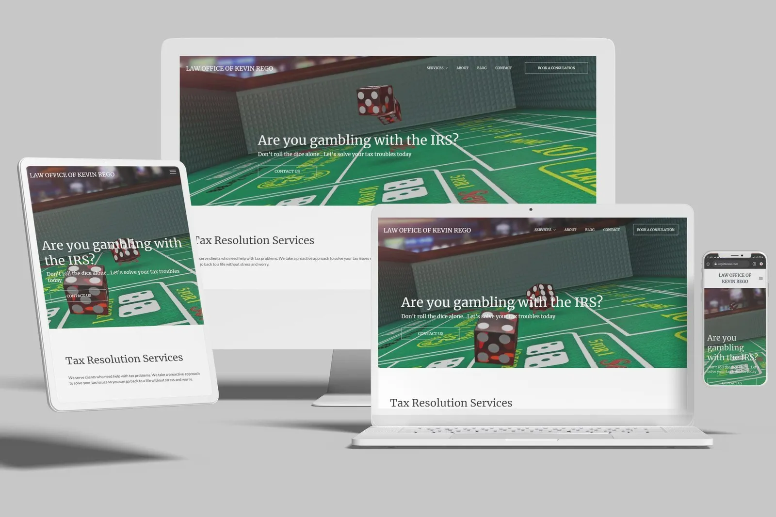 Tax resolution attorney website shown on desktop, laptop, tablet and phone