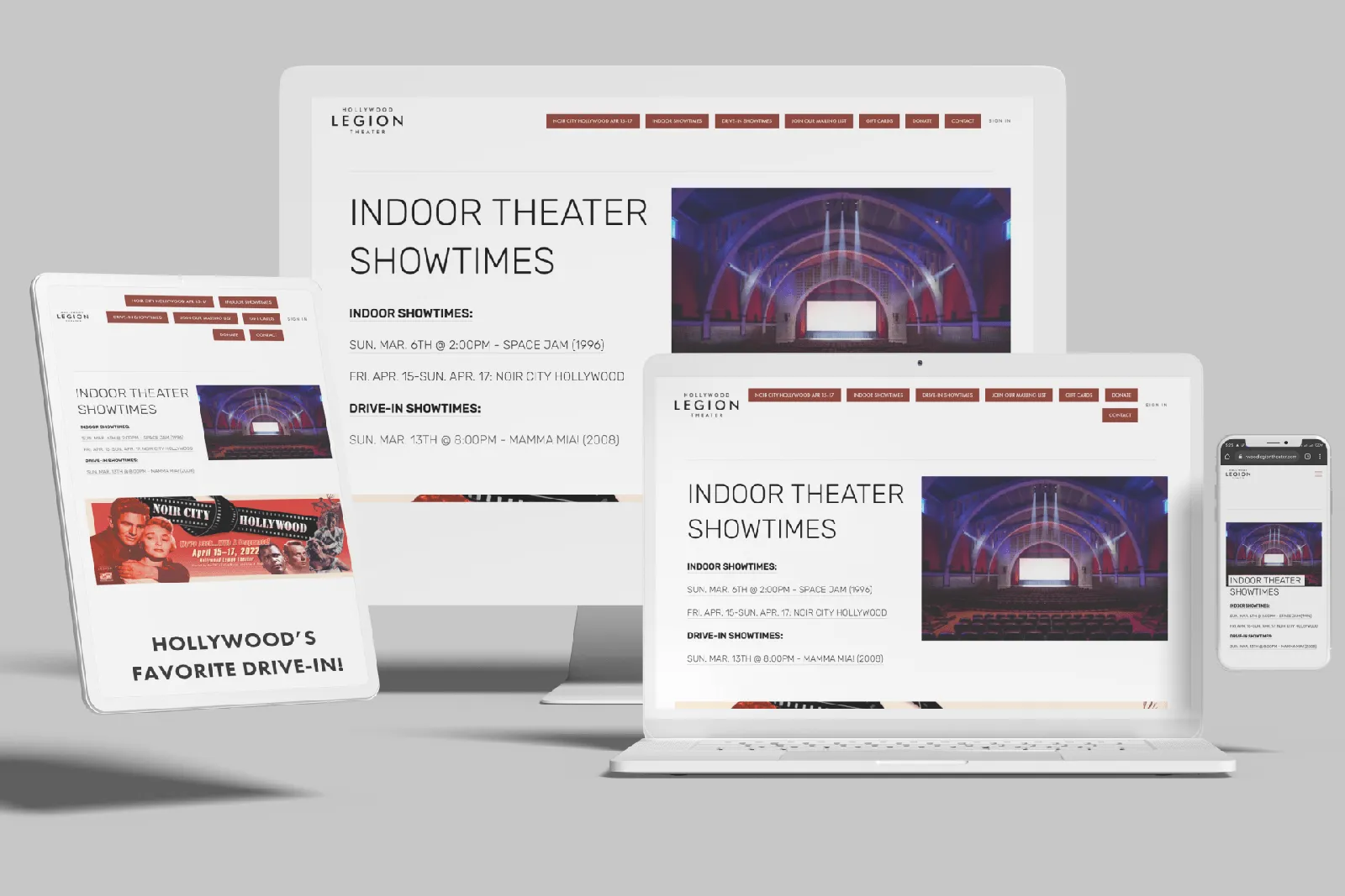Theater website shown on desktop, laptop, tablet and phone