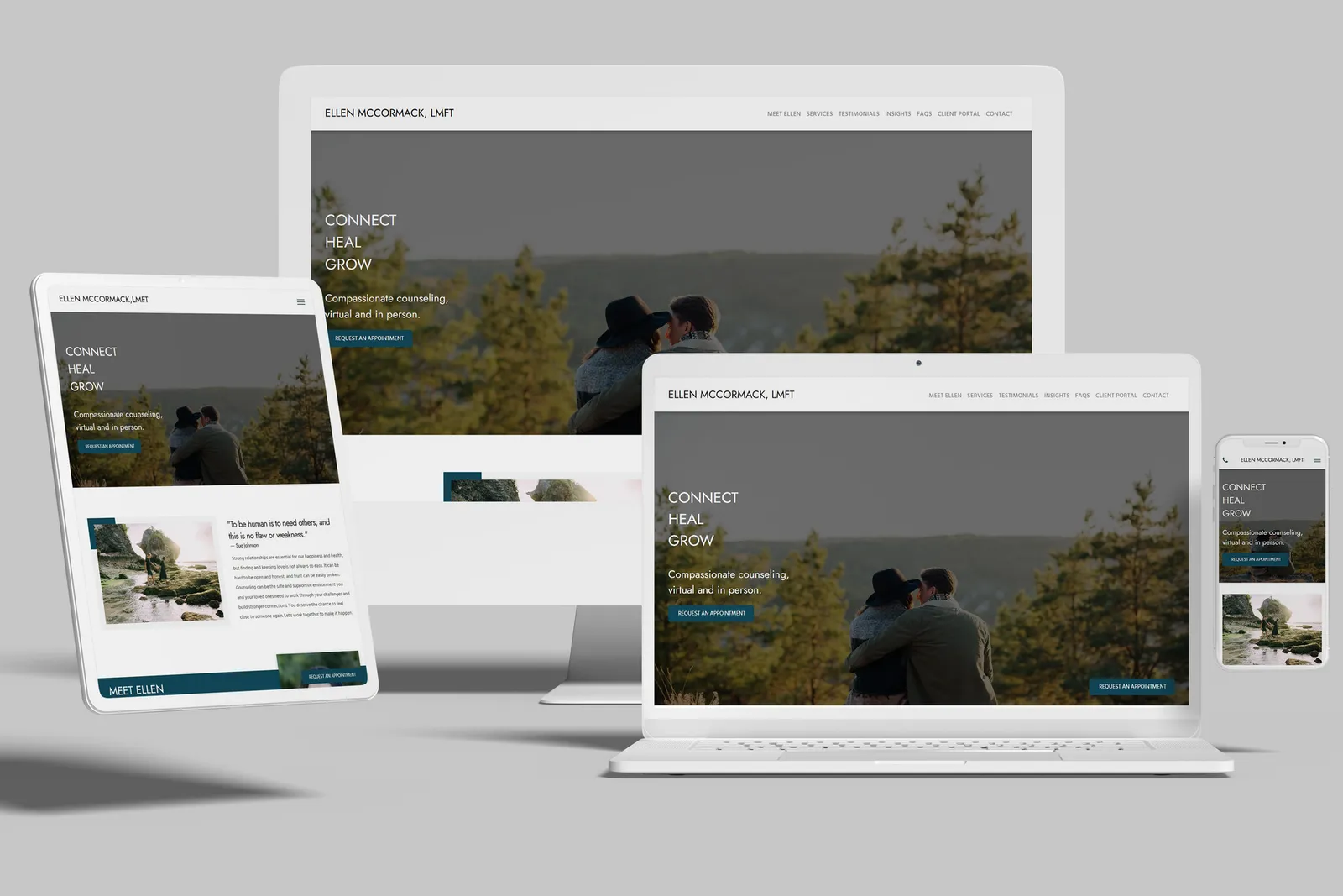 Therapy practice website shown on desktop, laptop, tablet and phone