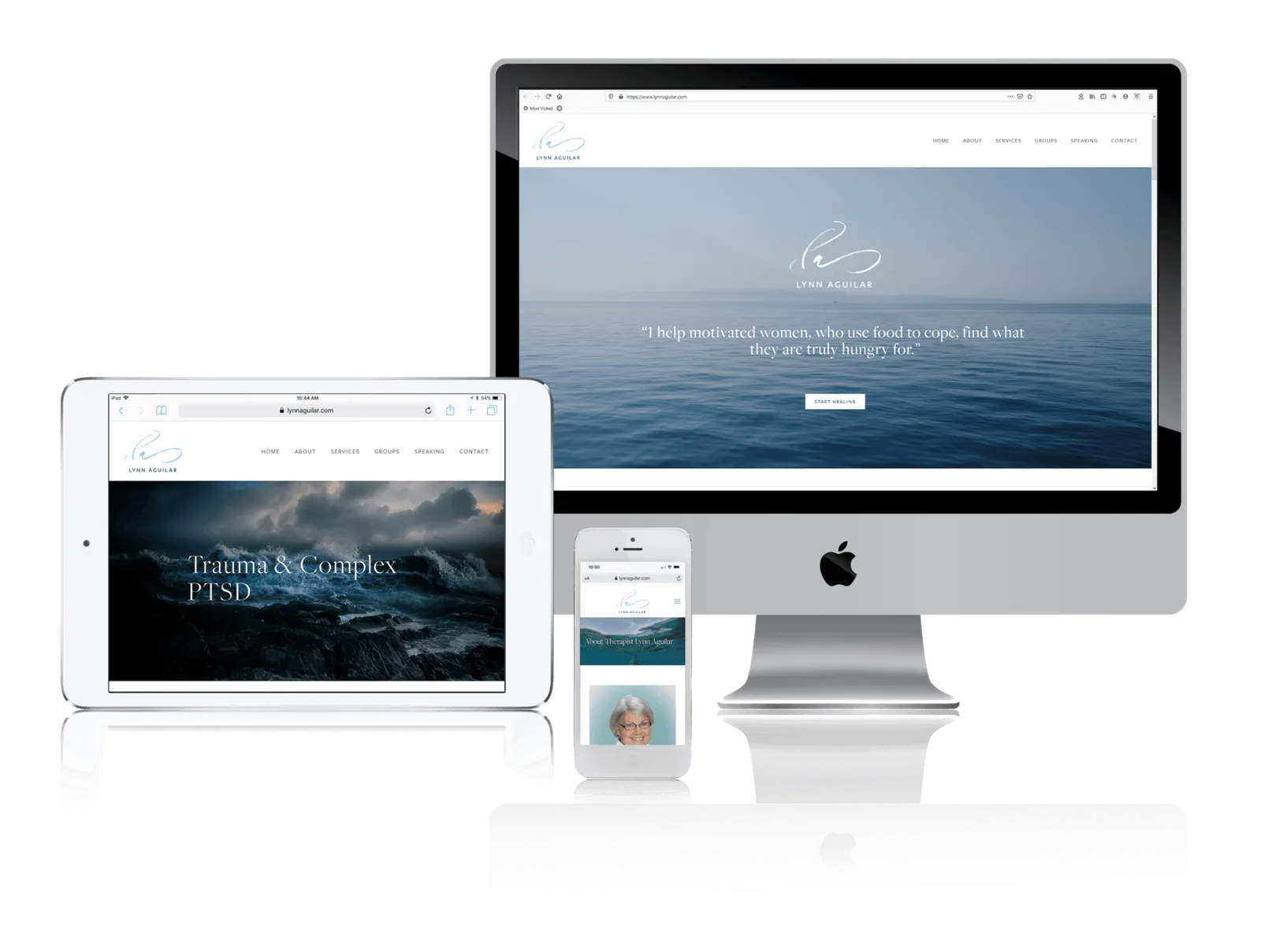 Therapy practice website shown on desktop, laptop, tablet and phone