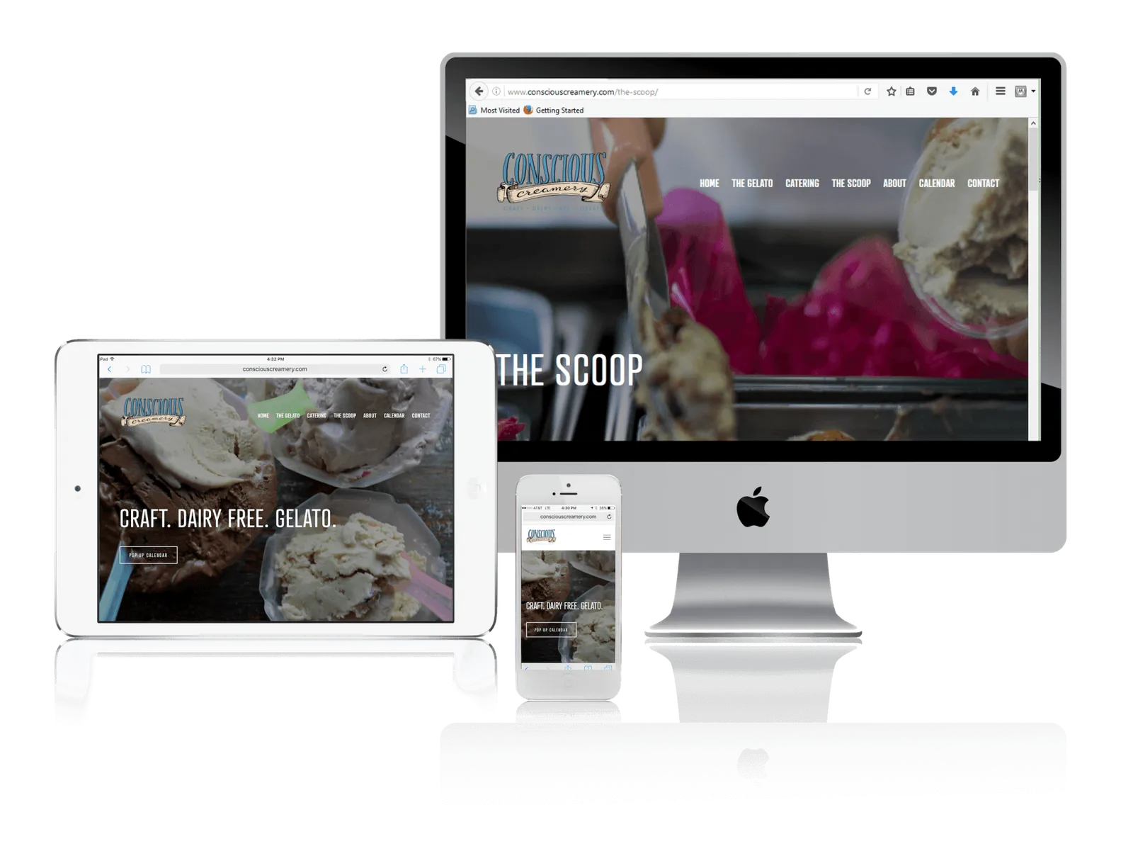 Vegan gelato maker website shown on desktop, laptop, tablet and phone
