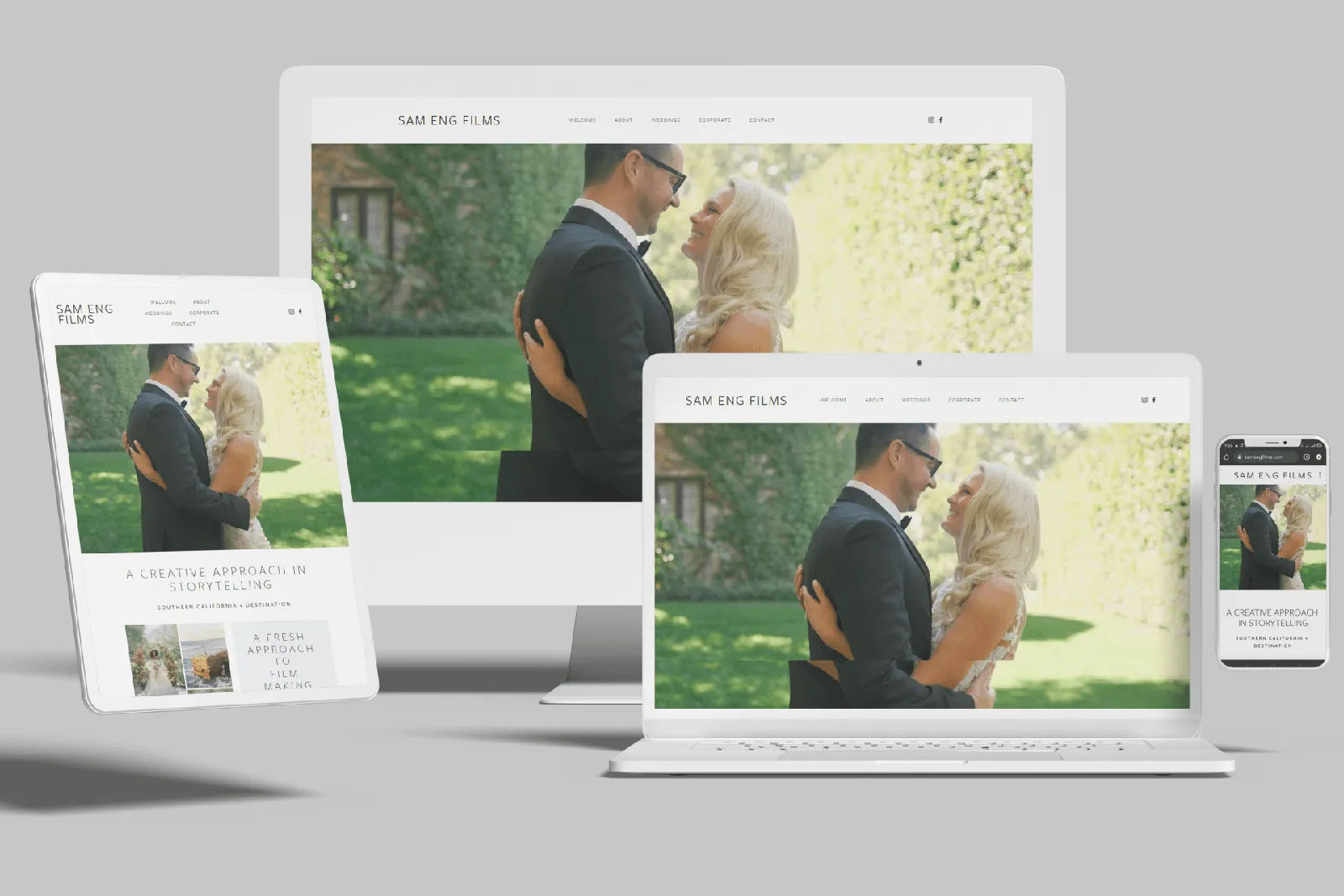 Wedding videographer website shown on desktop, laptop, tablet and phone