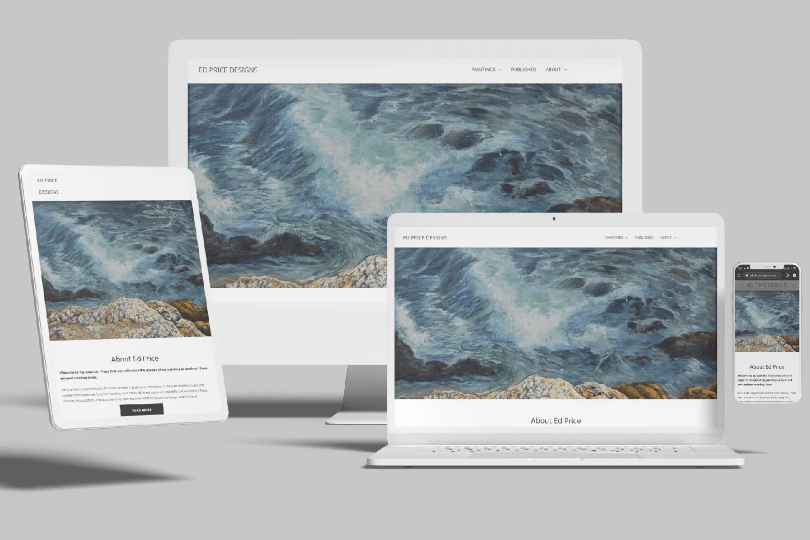 Painter portfolio website shown on desktop, laptop, tablet and phone
