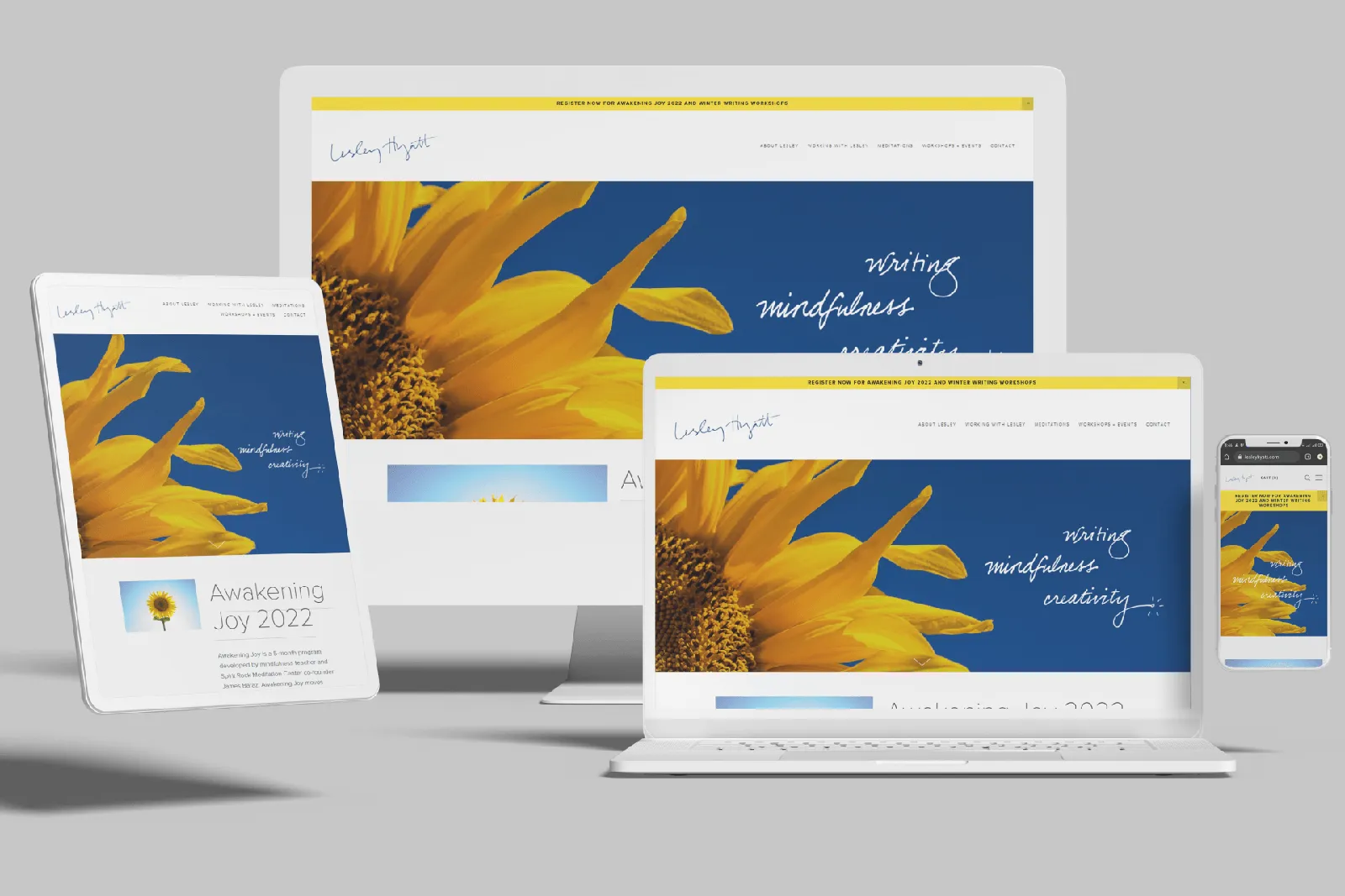 Writing and mindfulness coach website shown on desktop, laptop, tablet and phone
