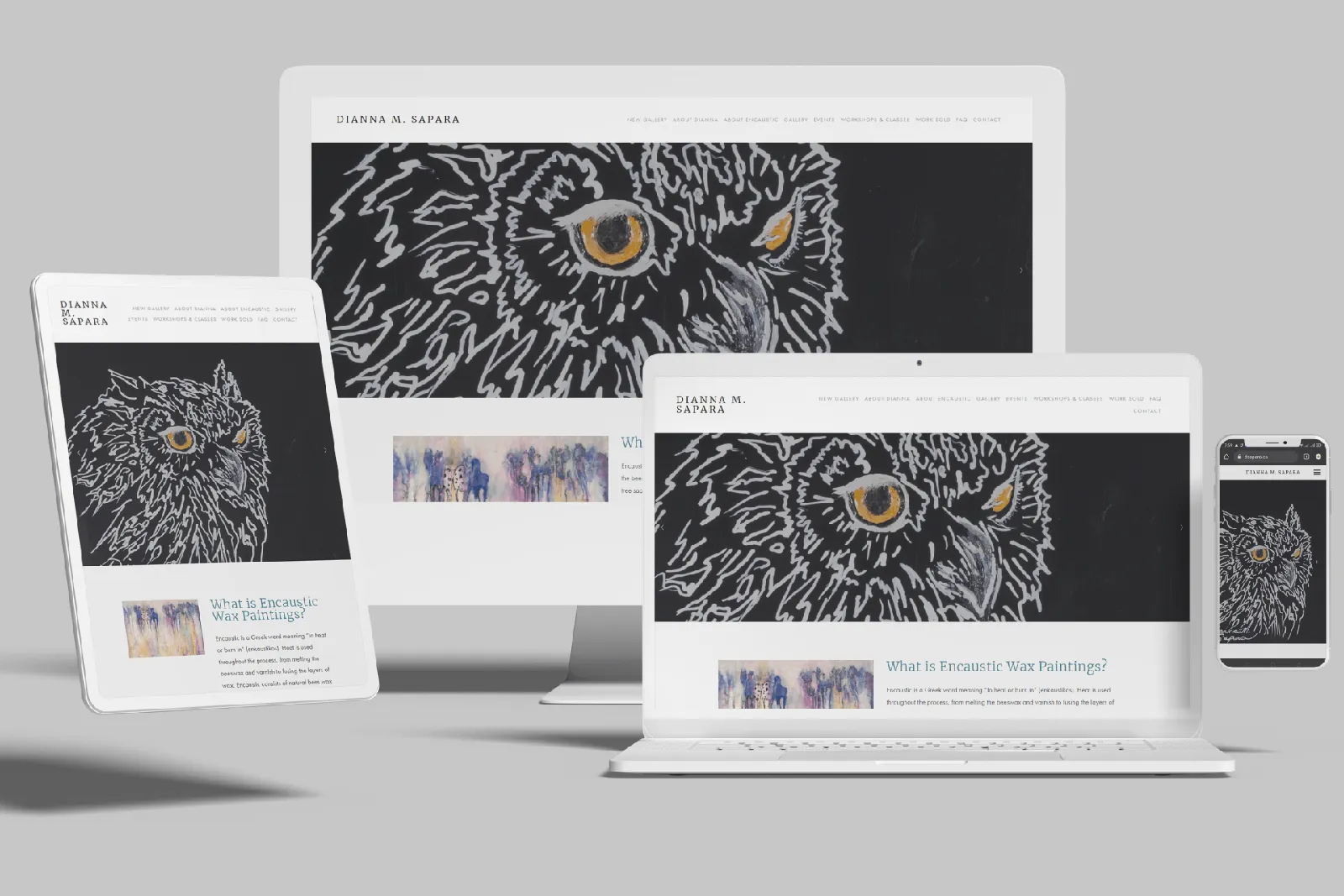 Canadian encaustic painter website shown on desktop, laptop, tablet and phone