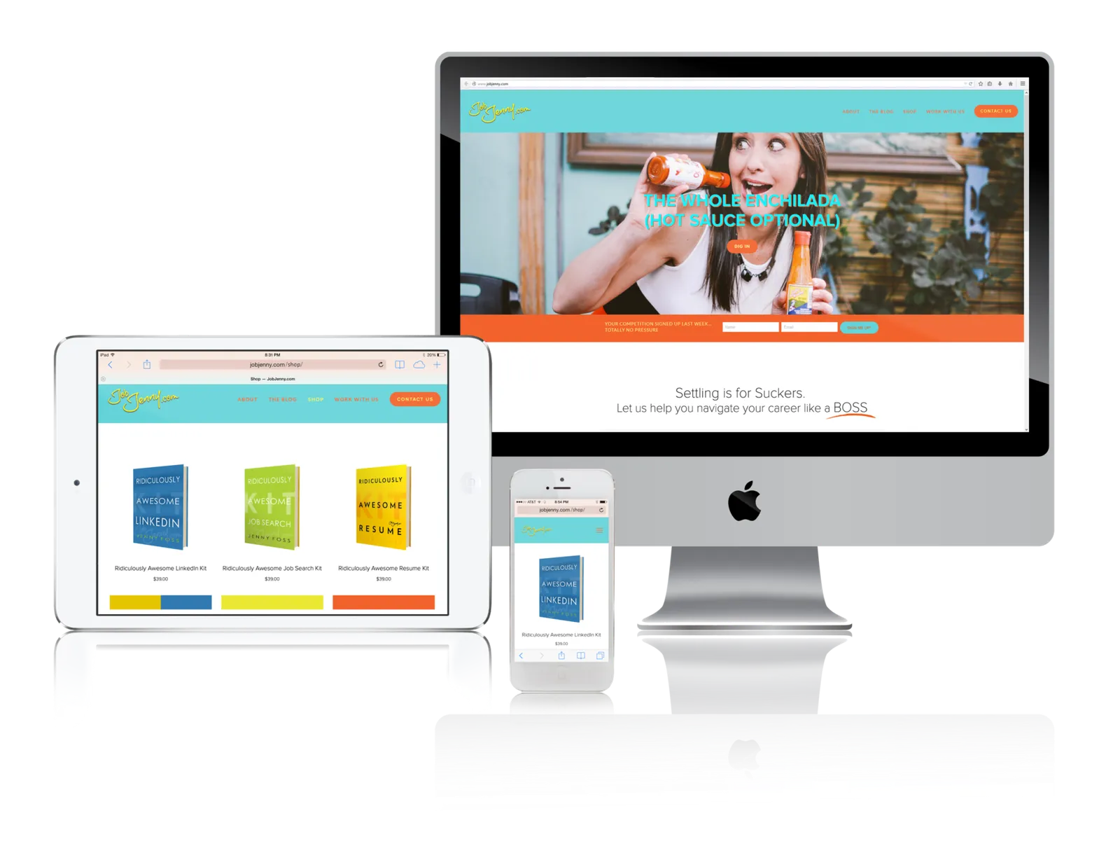 Career coaching website shown on desktop, laptop, tablet and phone