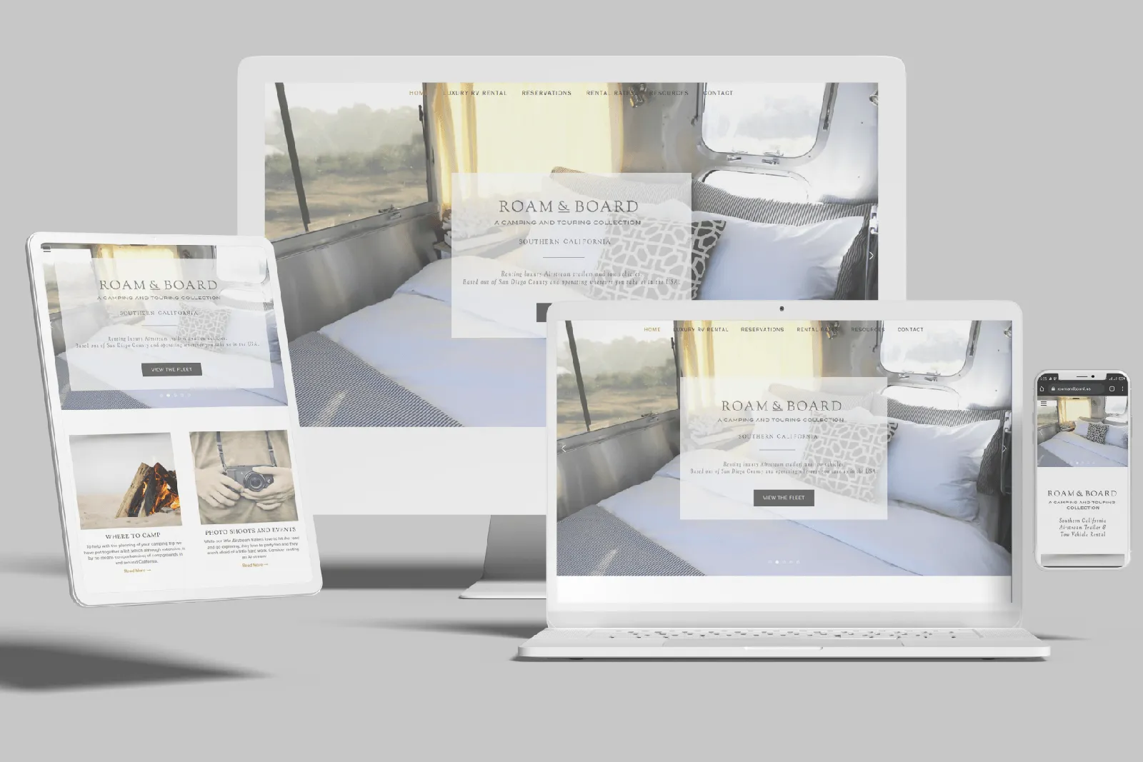 Airstream rental company website shown on desktop, laptop, tablet and phone