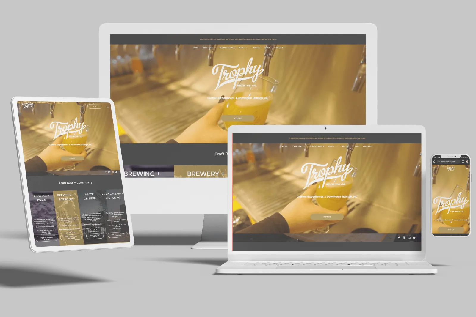 Craft brewery website shown on desktop, laptop, tablet and phone