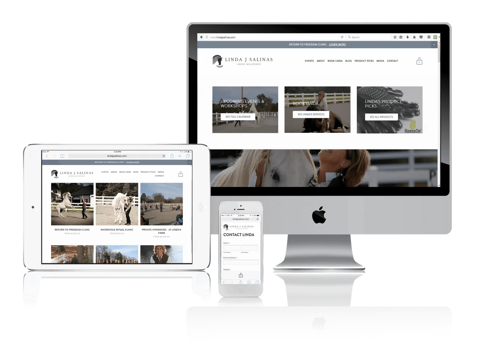 Horse trainer website shown on desktop, laptop, tablet and phone
