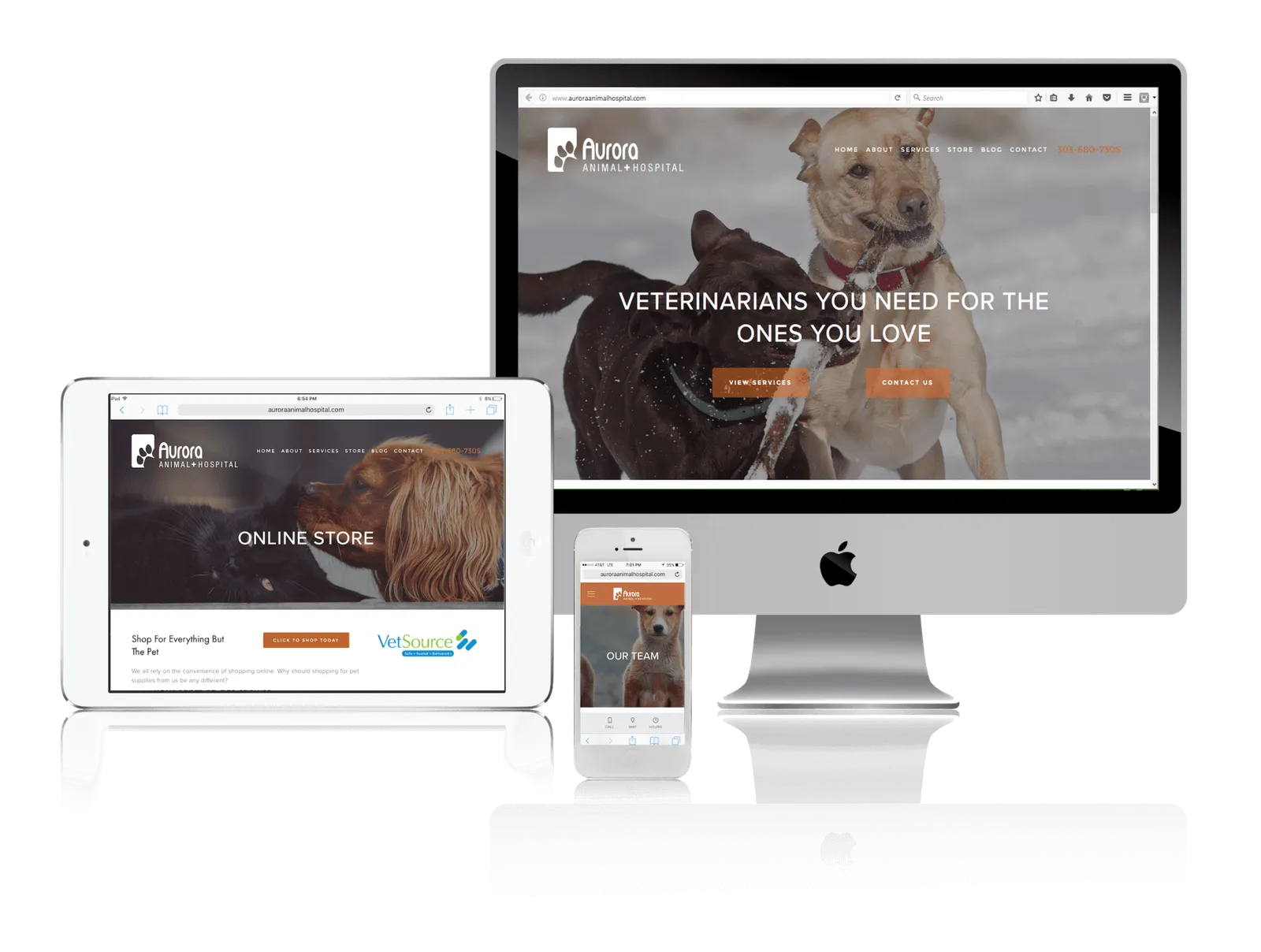 Veterinary clinic website shown on desktop, laptop, tablet and phone