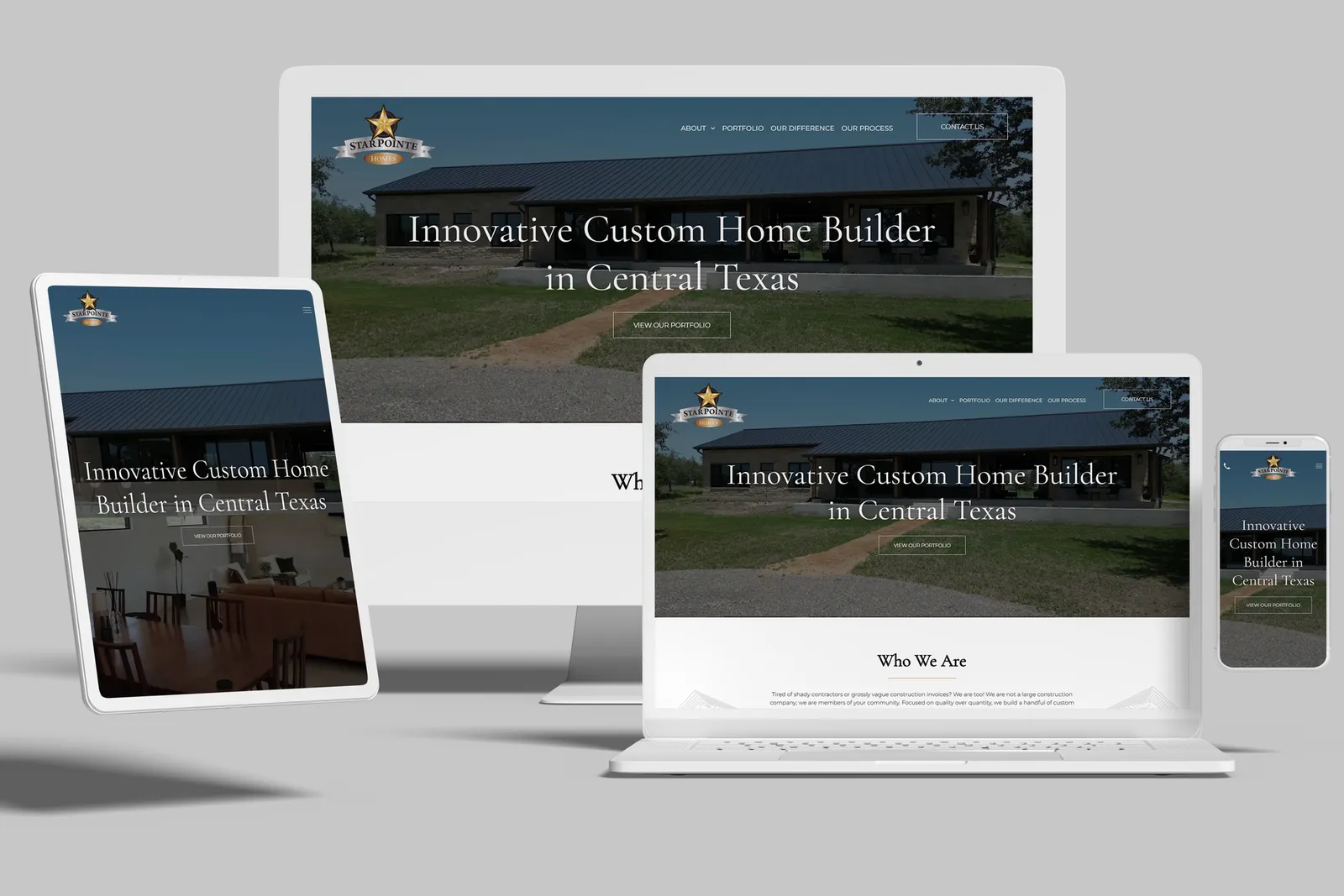 Home builder website shown on desktop, laptop, tablet and phone
