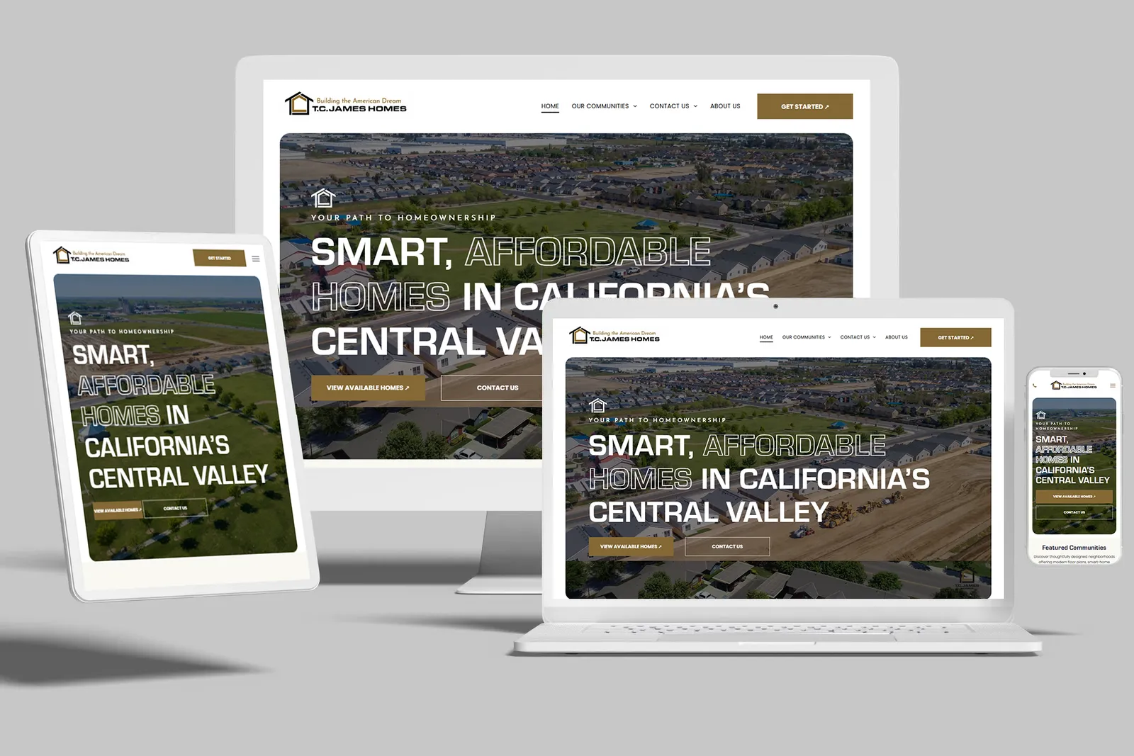 Home builder website shown on desktop, laptop, tablet and phone