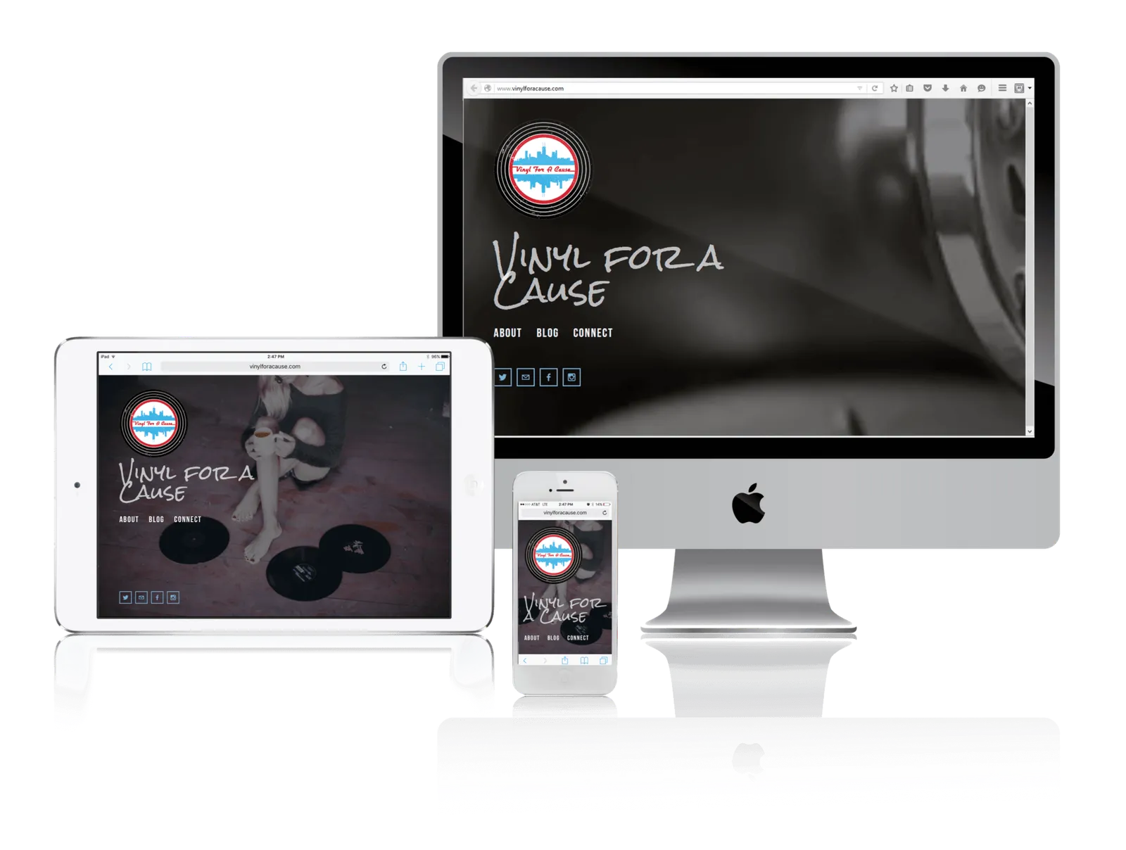 Charity vinyl record label website shown on desktop, laptop, tablet and phone