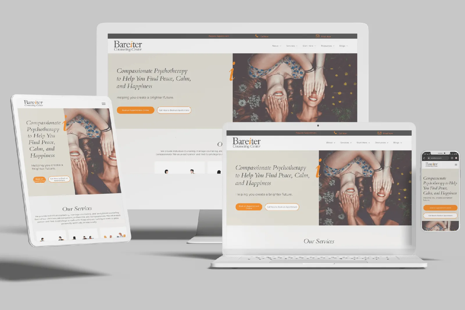 Counseling center website shown on desktop, laptop, tablet and phone