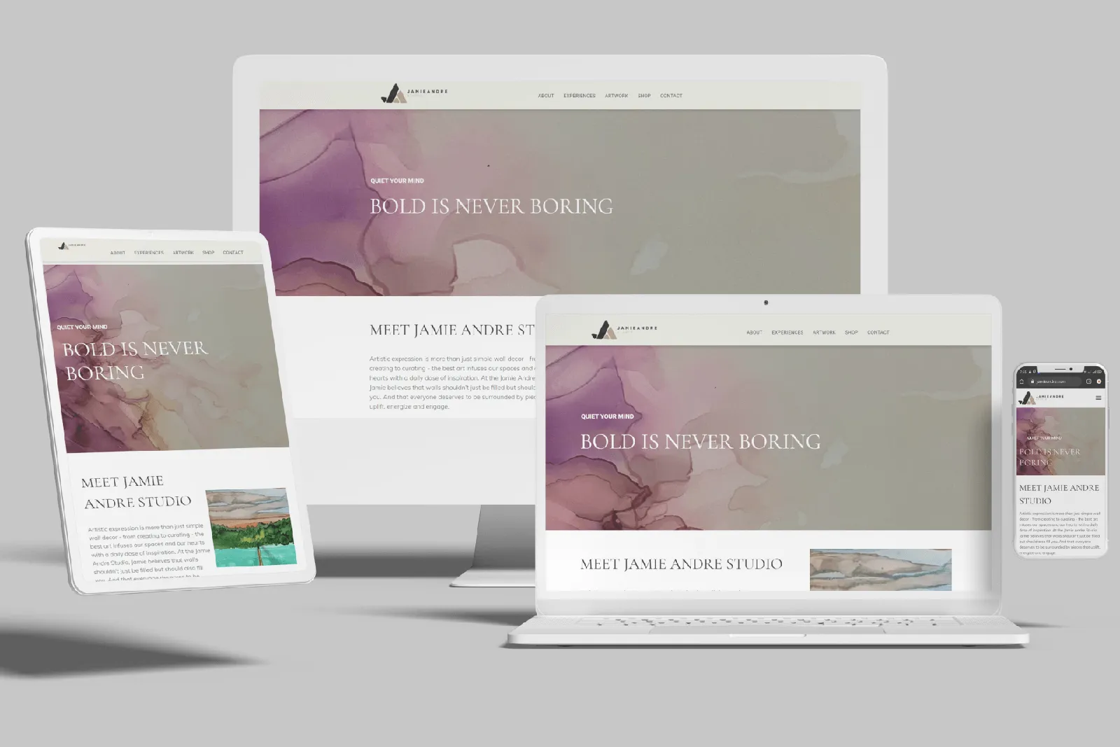 Abstract artist website shown on desktop, laptop, tablet and phone