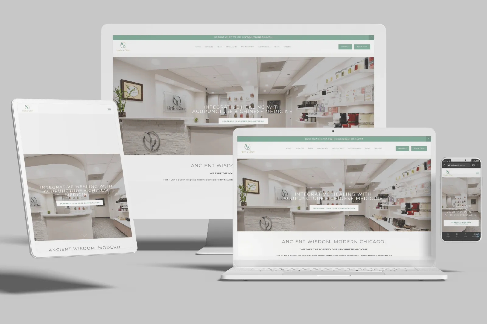 Acupuncture practice website shown on desktop, laptop, tablet and phone