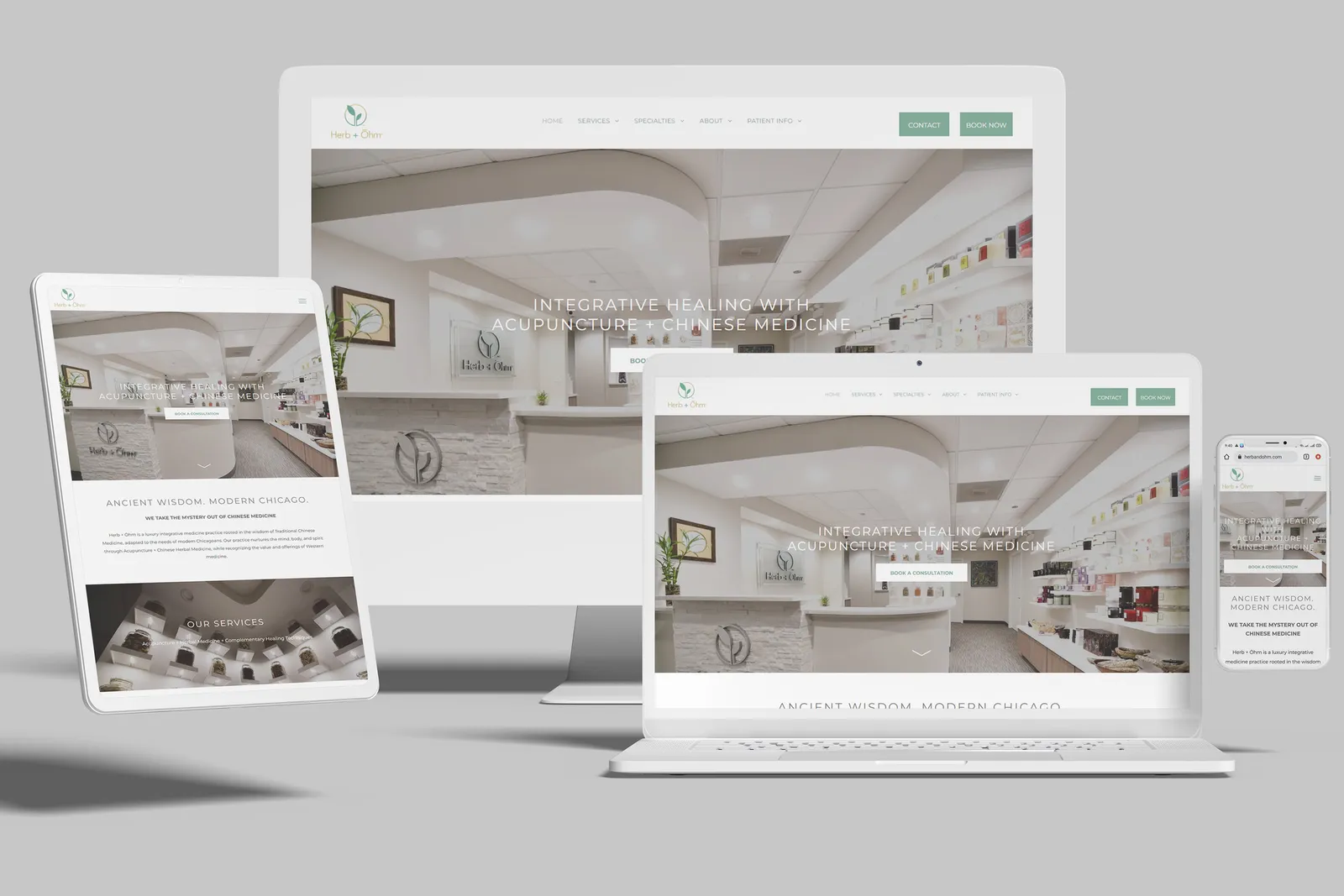 Acupuncture clinic website shown on desktop, laptop, tablet and phone