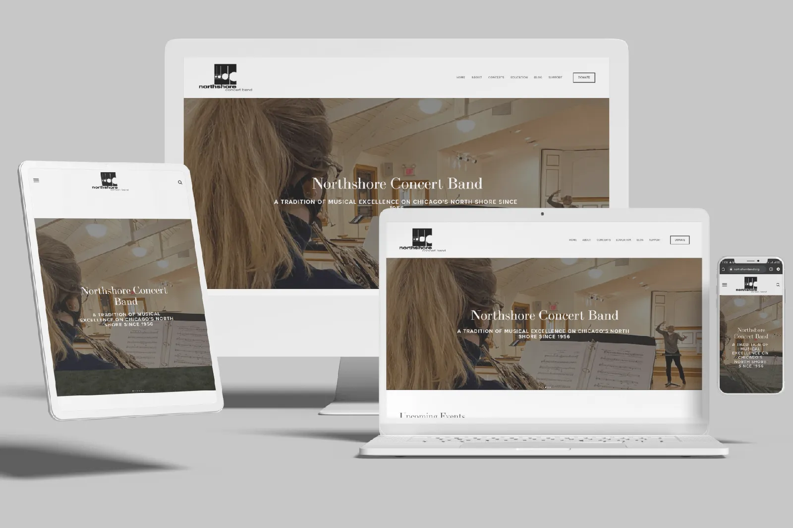 Chicago area symphonic band website shown on desktop, laptop, tablet and phone