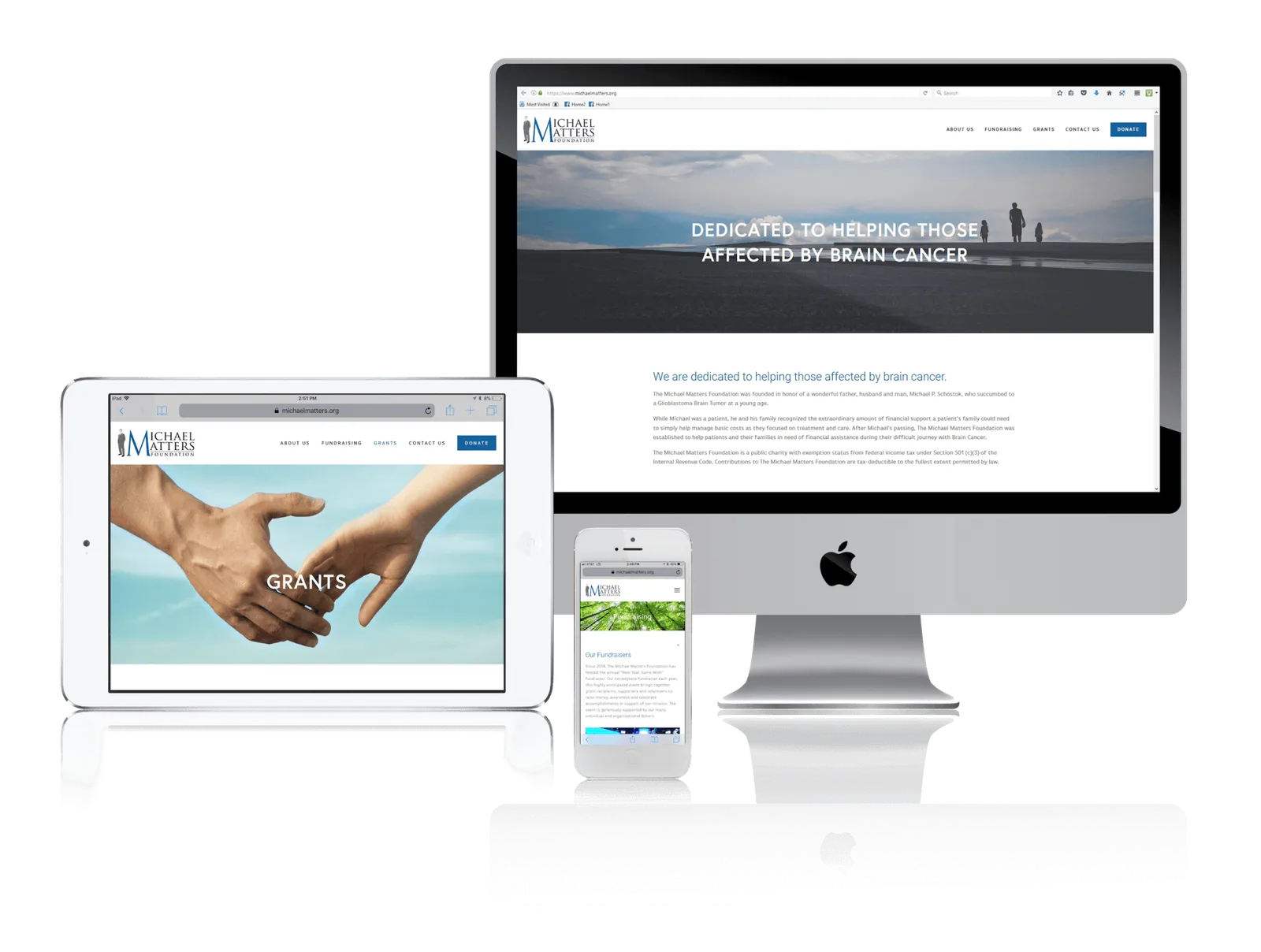 Cancer support foundation website shown on desktop, laptop, tablet and phone