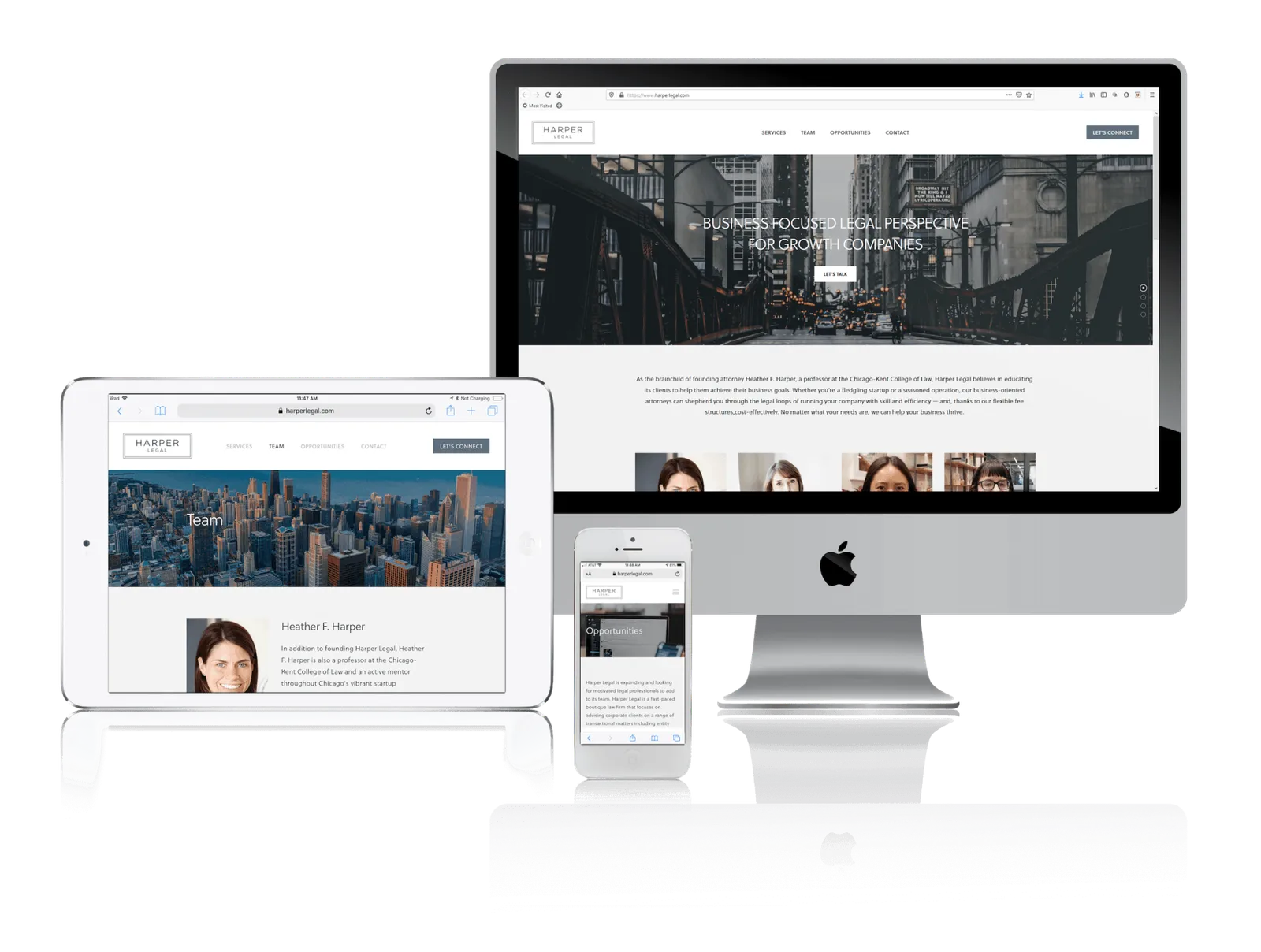 Business law firm website shown on desktop, laptop, tablet and phone