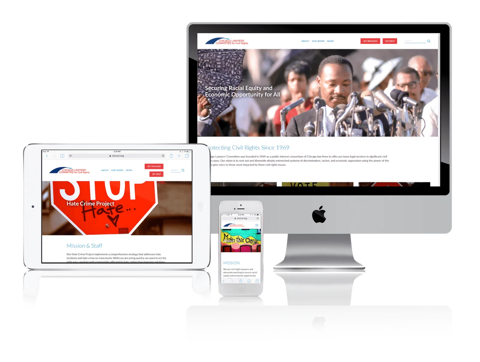 Civil rights legal nonprofit website shown on desktop, laptop, tablet and phone