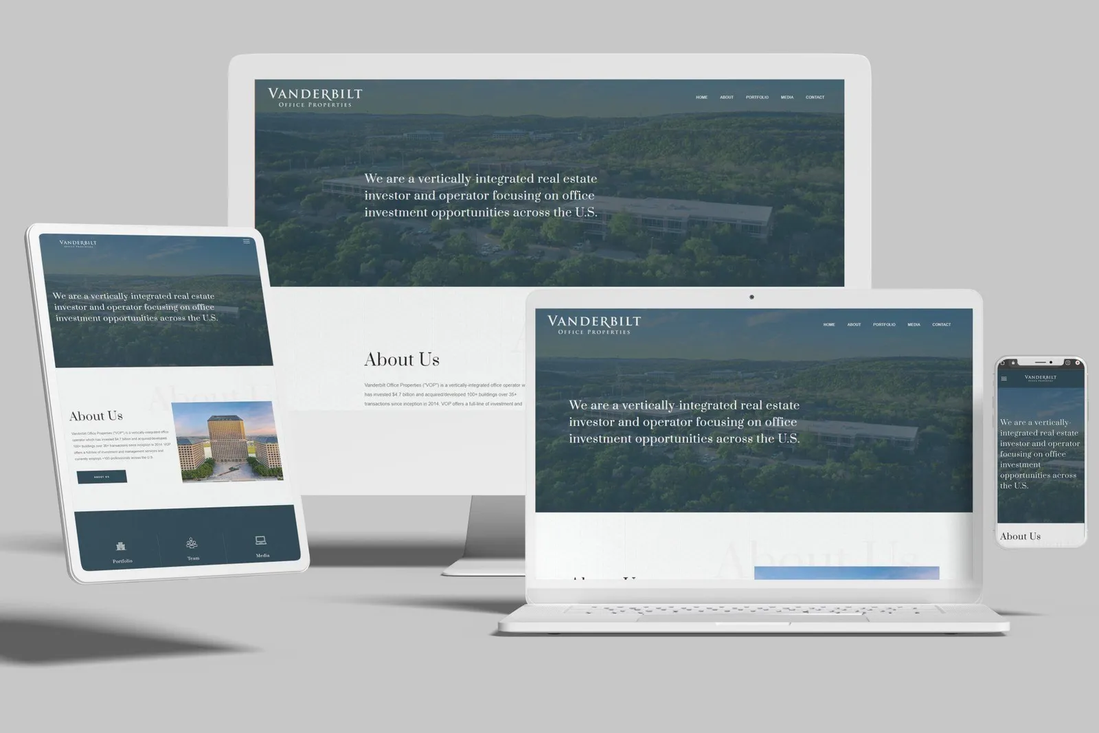 Commercial real estate website shown on desktop, laptop, tablet and phone