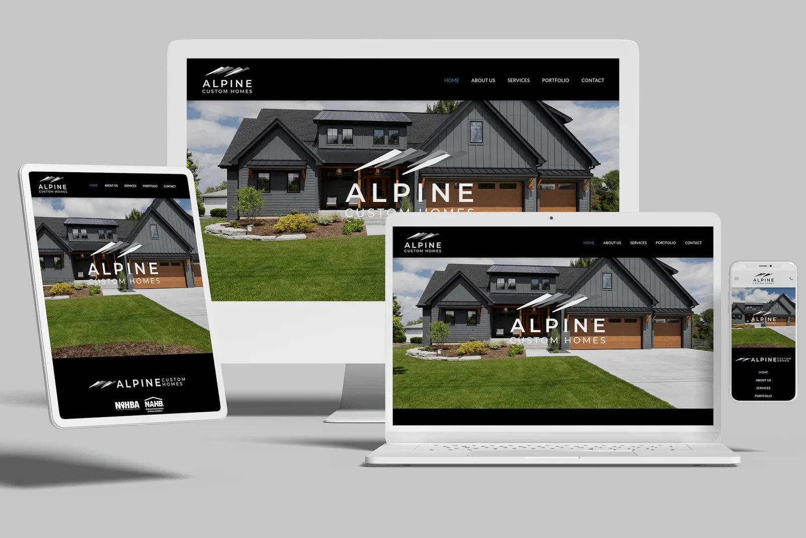 Custom home builder website shown on desktop, laptop, tablet and phone