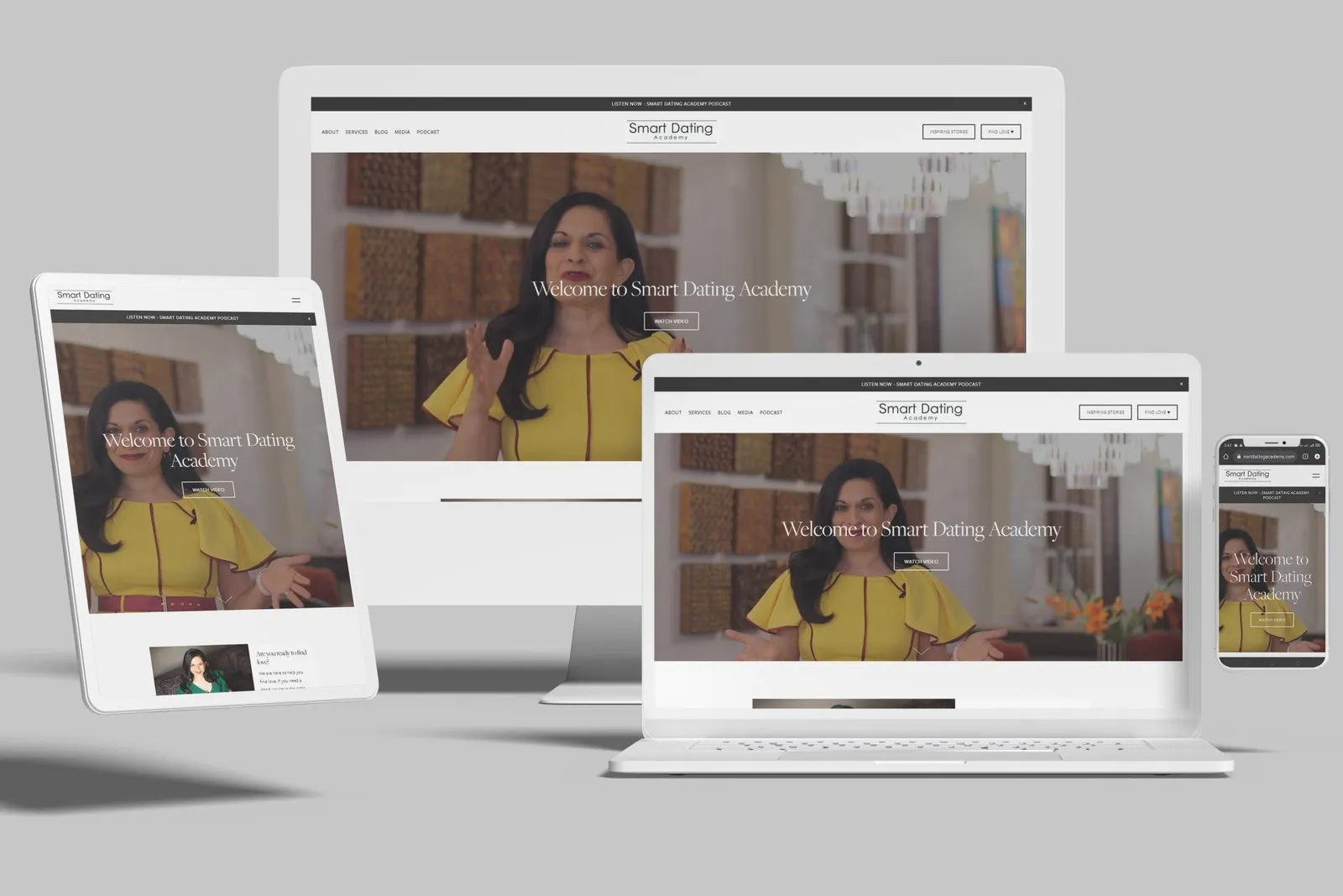 Dating coach website shown on desktop, laptop, tablet and phone