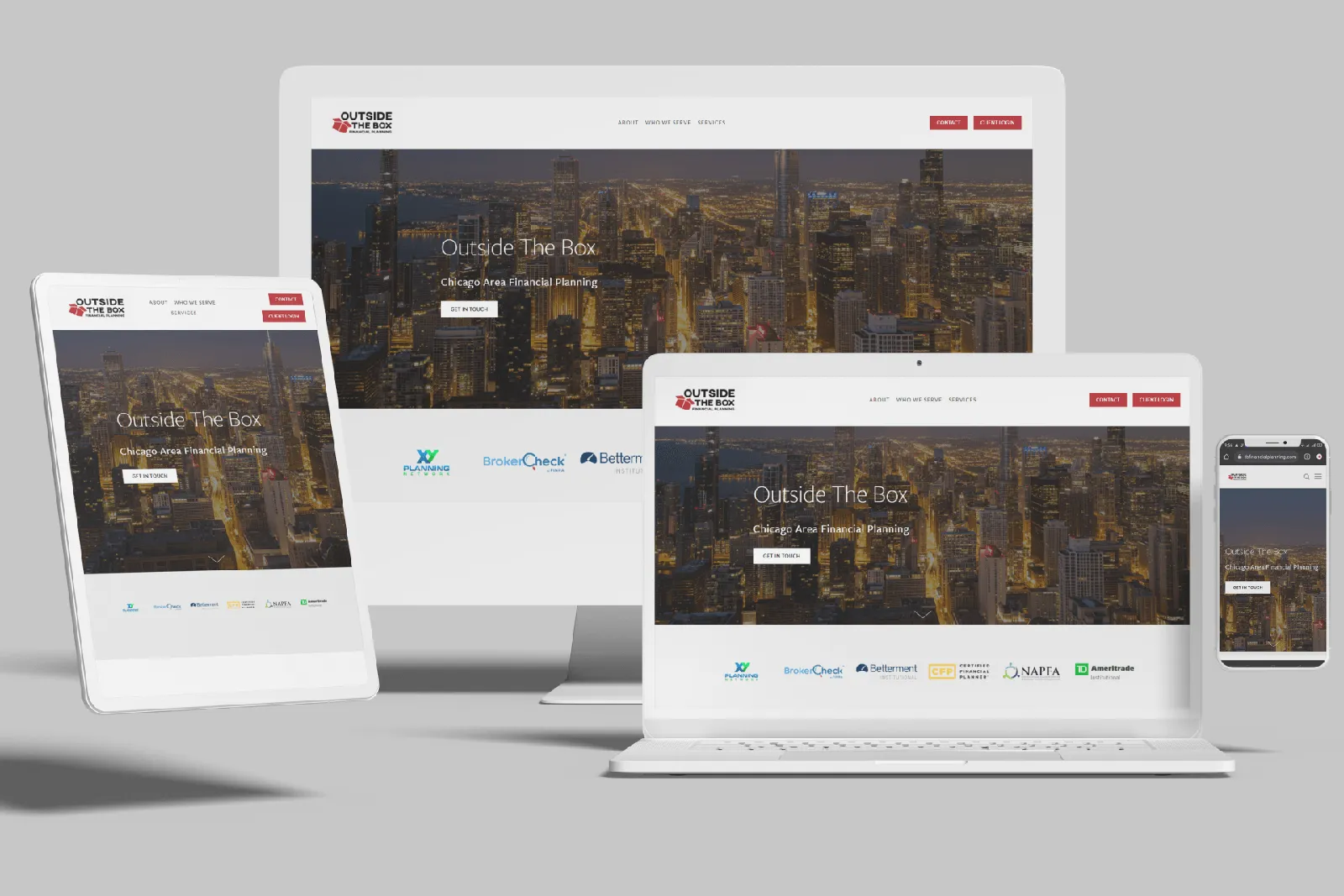 Financial planner website shown on desktop, laptop, tablet and phone