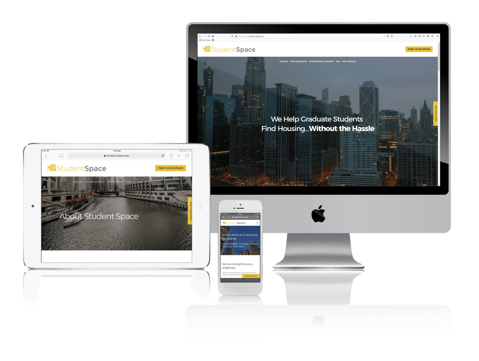 Student housing website shown on desktop, laptop, tablet and phone