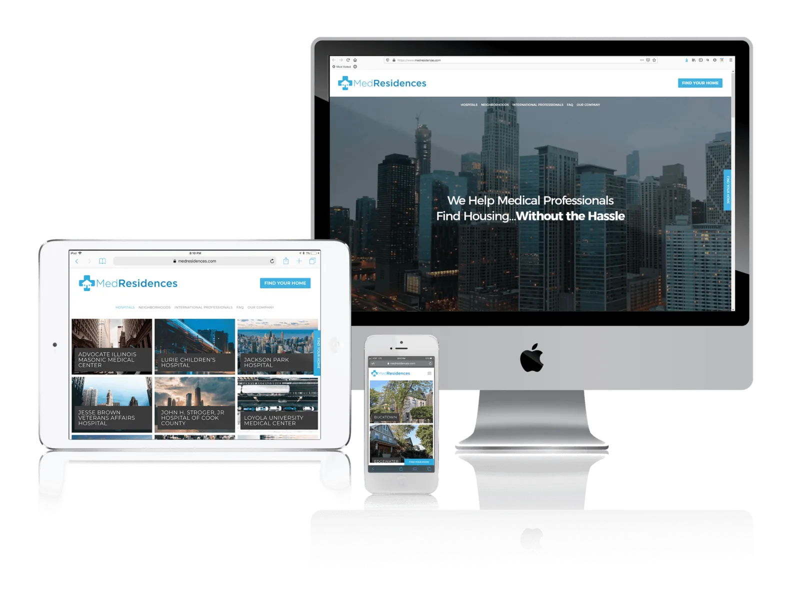 Rental housing search website shown on desktop, laptop, tablet and phone