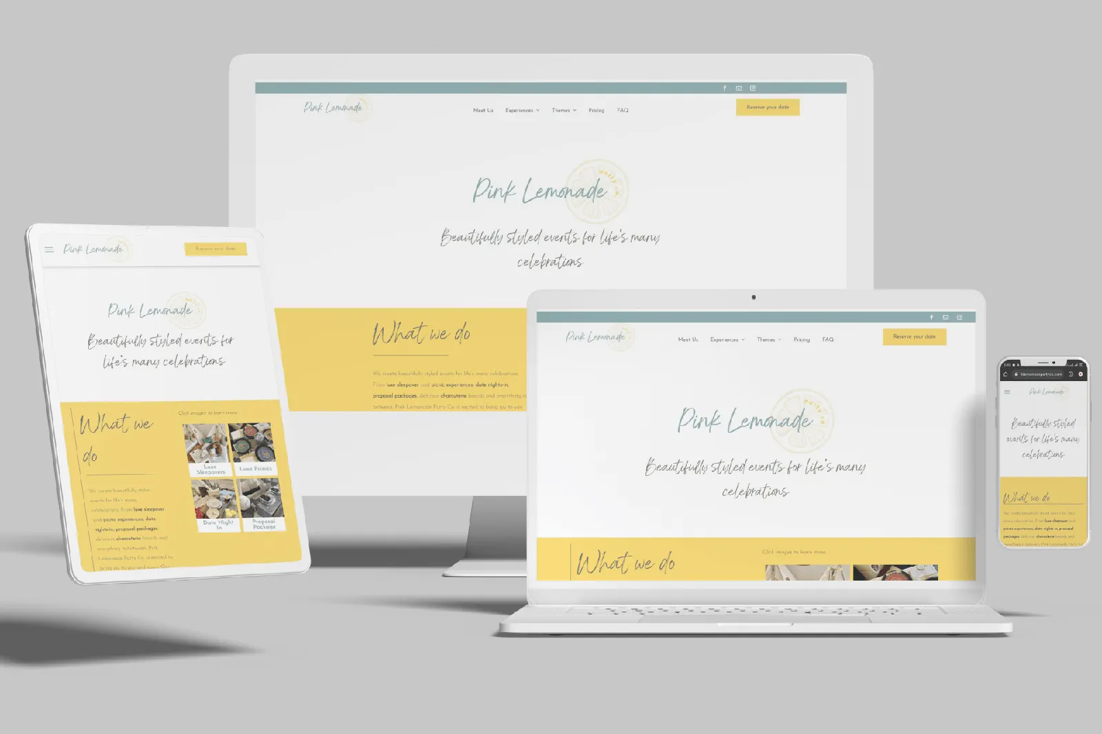 Party planner website shown on desktop, laptop, tablet and phone