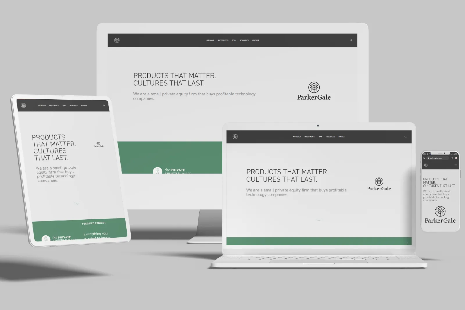 Private equity firm website shown on desktop, laptop, tablet and phone