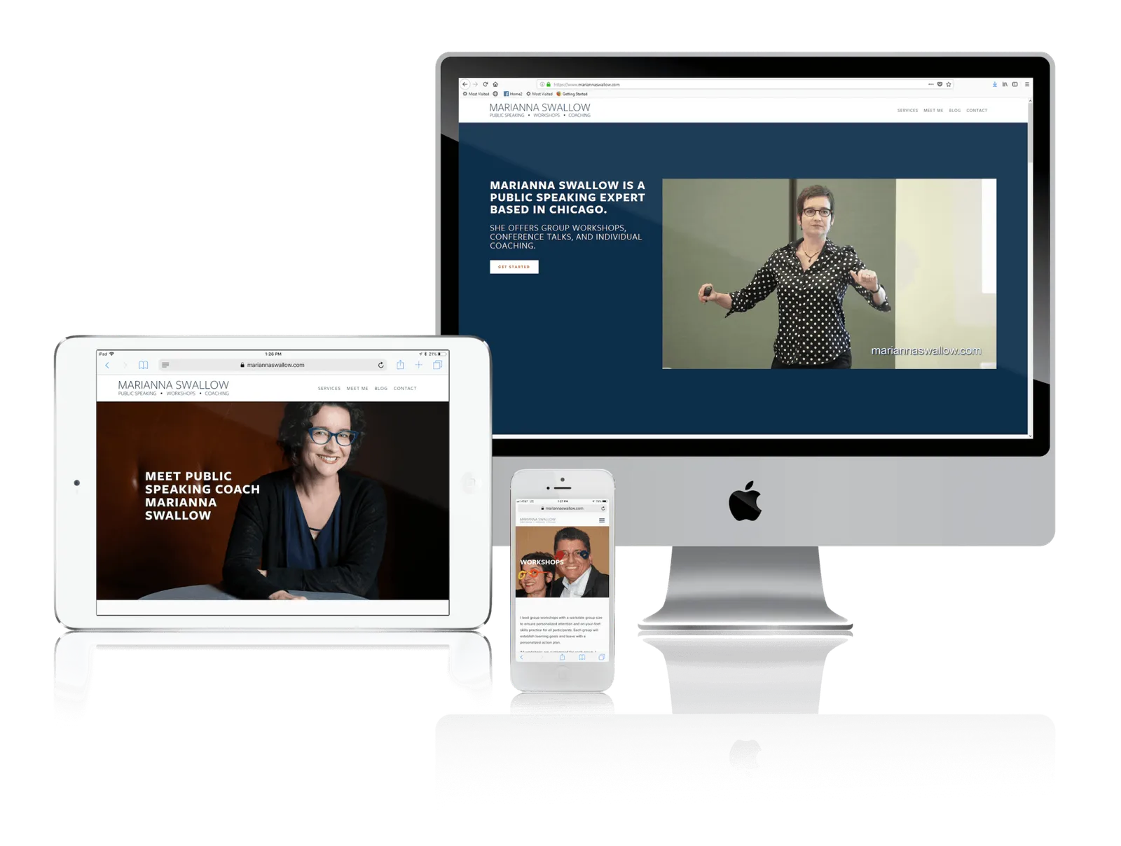 Chicago public speaking coach website shown on desktop, laptop, tablet and phone