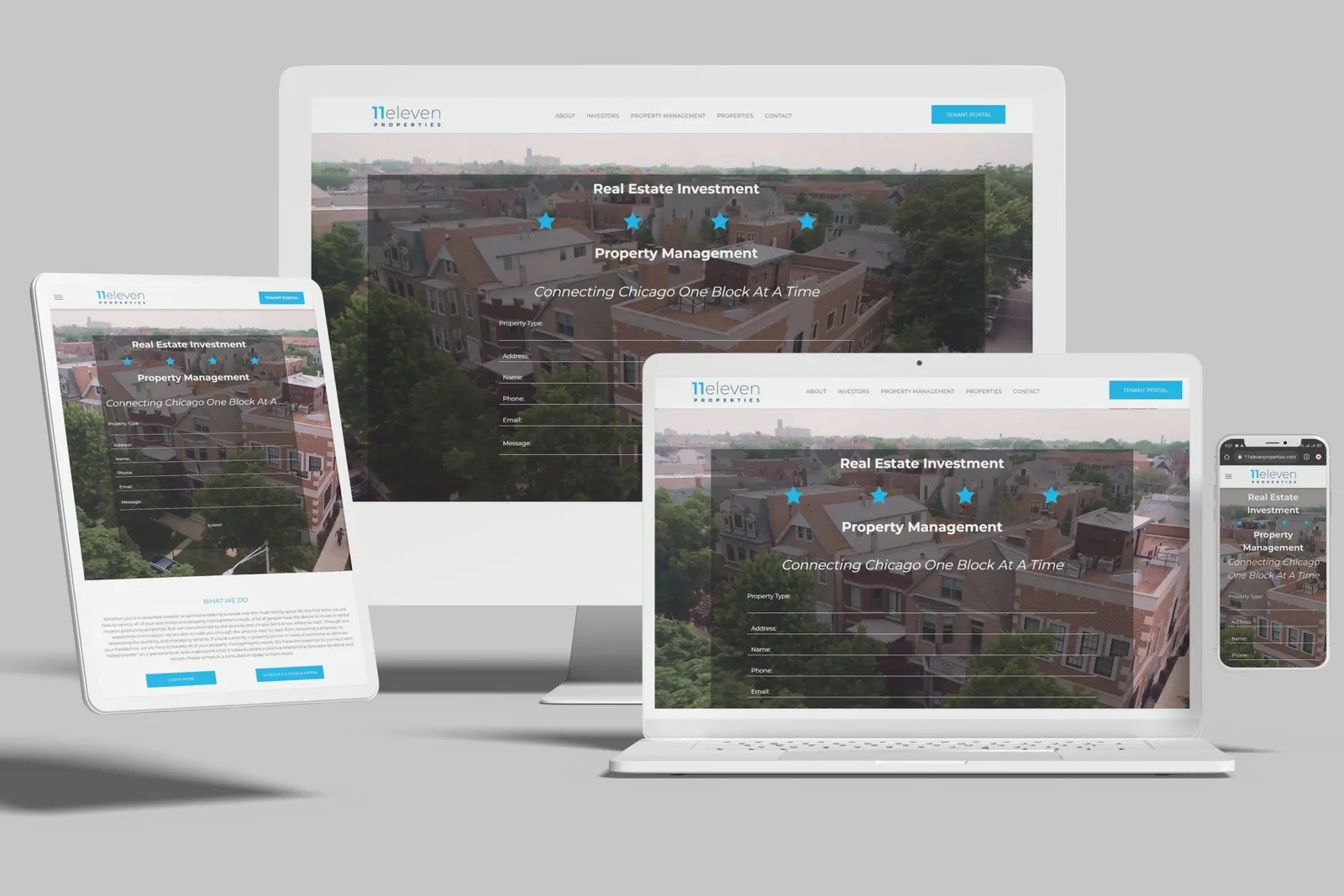 Property management website shown on desktop, laptop, tablet and phone
