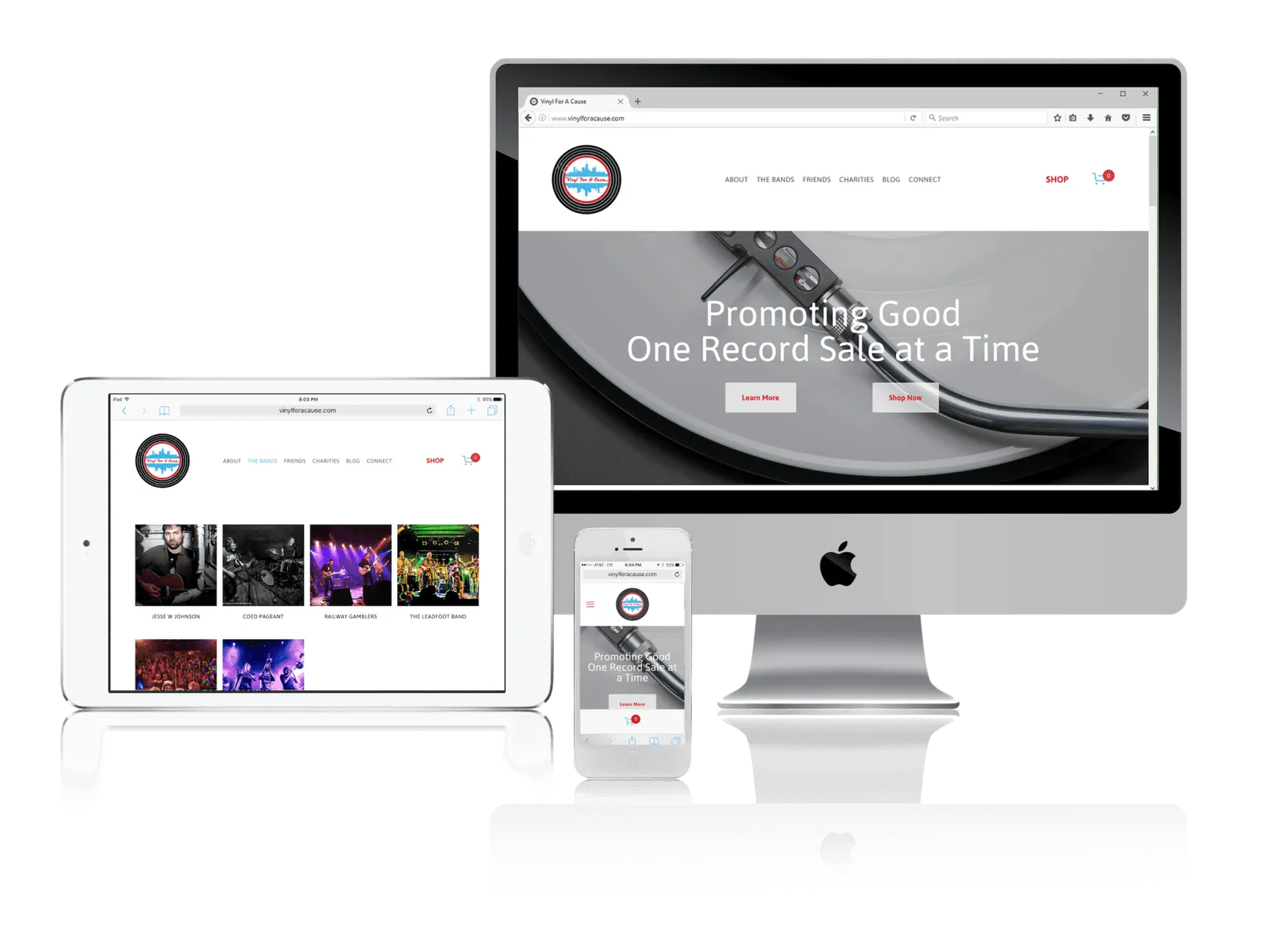 Vinyl record company website shown on desktop, laptop, tablet and phone