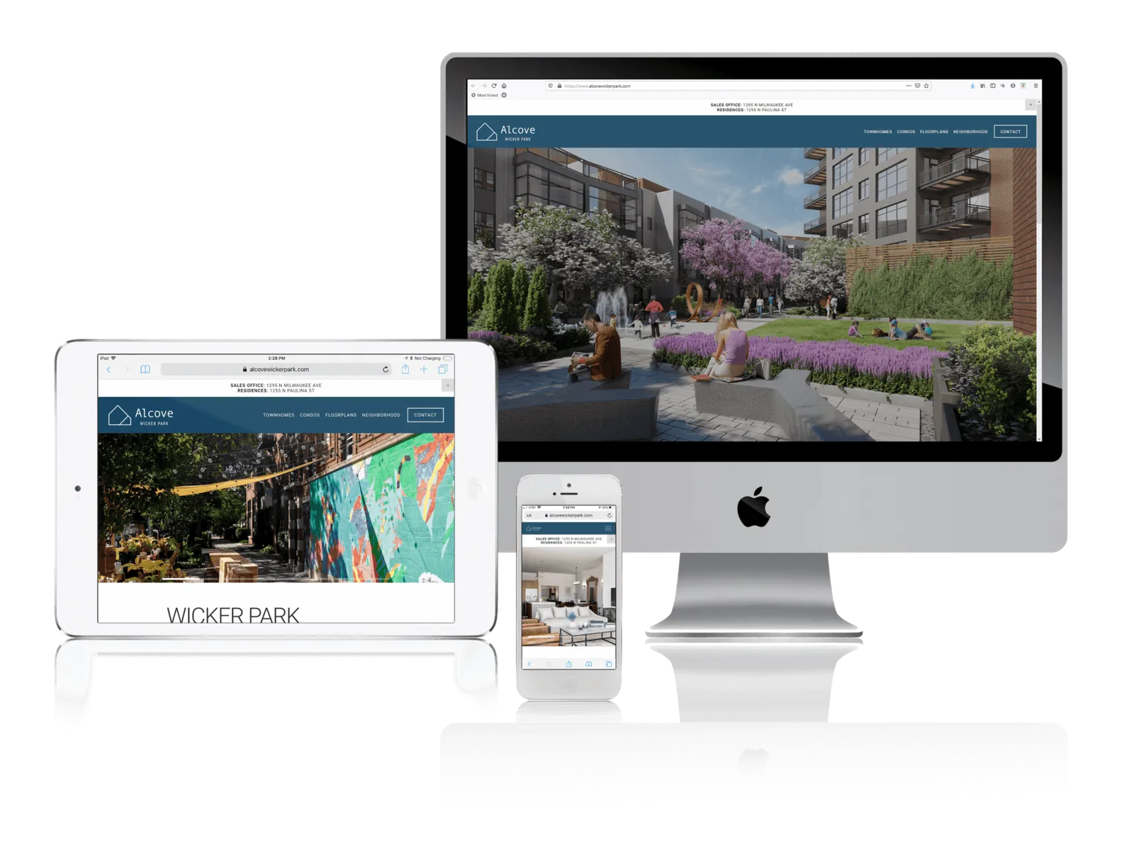 Condo and townhome development website shown on desktop, laptop, tablet and phone