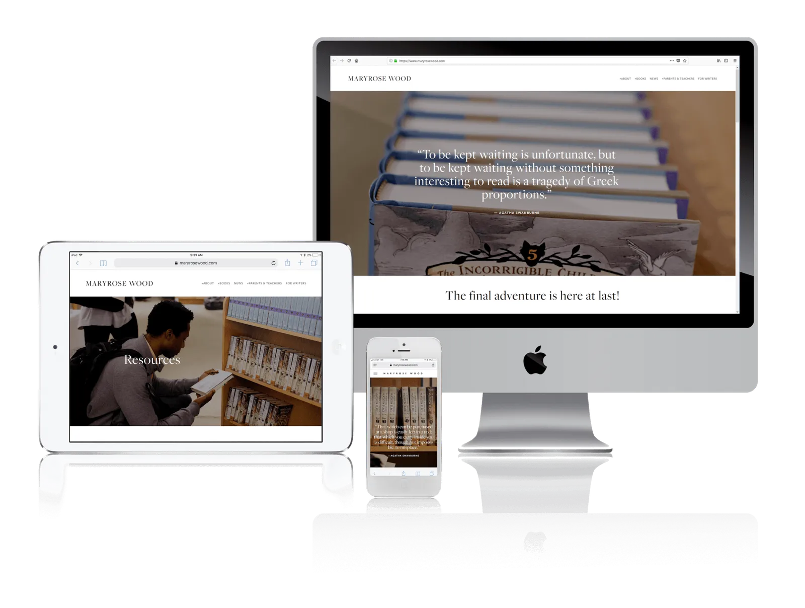 Children's book author website shown on desktop, laptop, tablet and phone