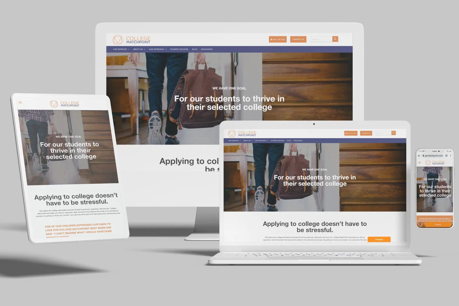College admissions counseling website shown on desktop, laptop, tablet and phone