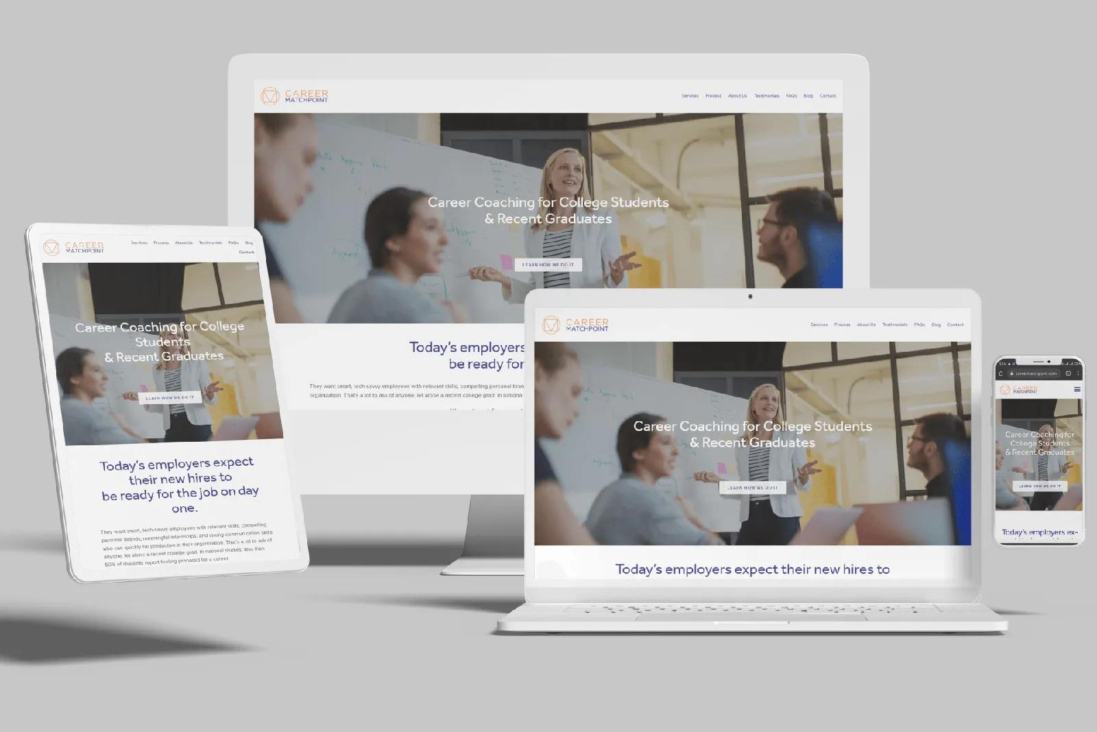 Career coaching website shown on desktop, laptop, tablet and phone