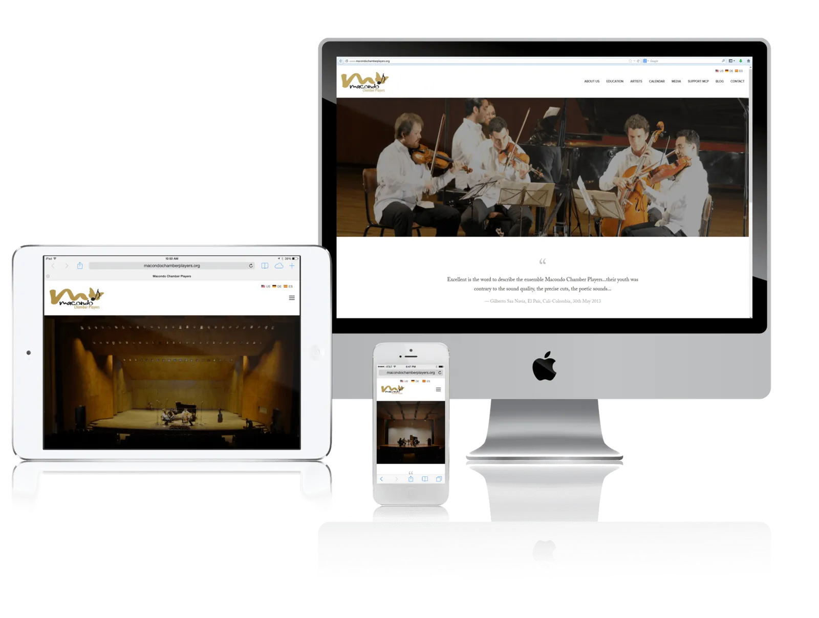 Chamber music ensemble website shown on desktop, laptop, tablet and phone