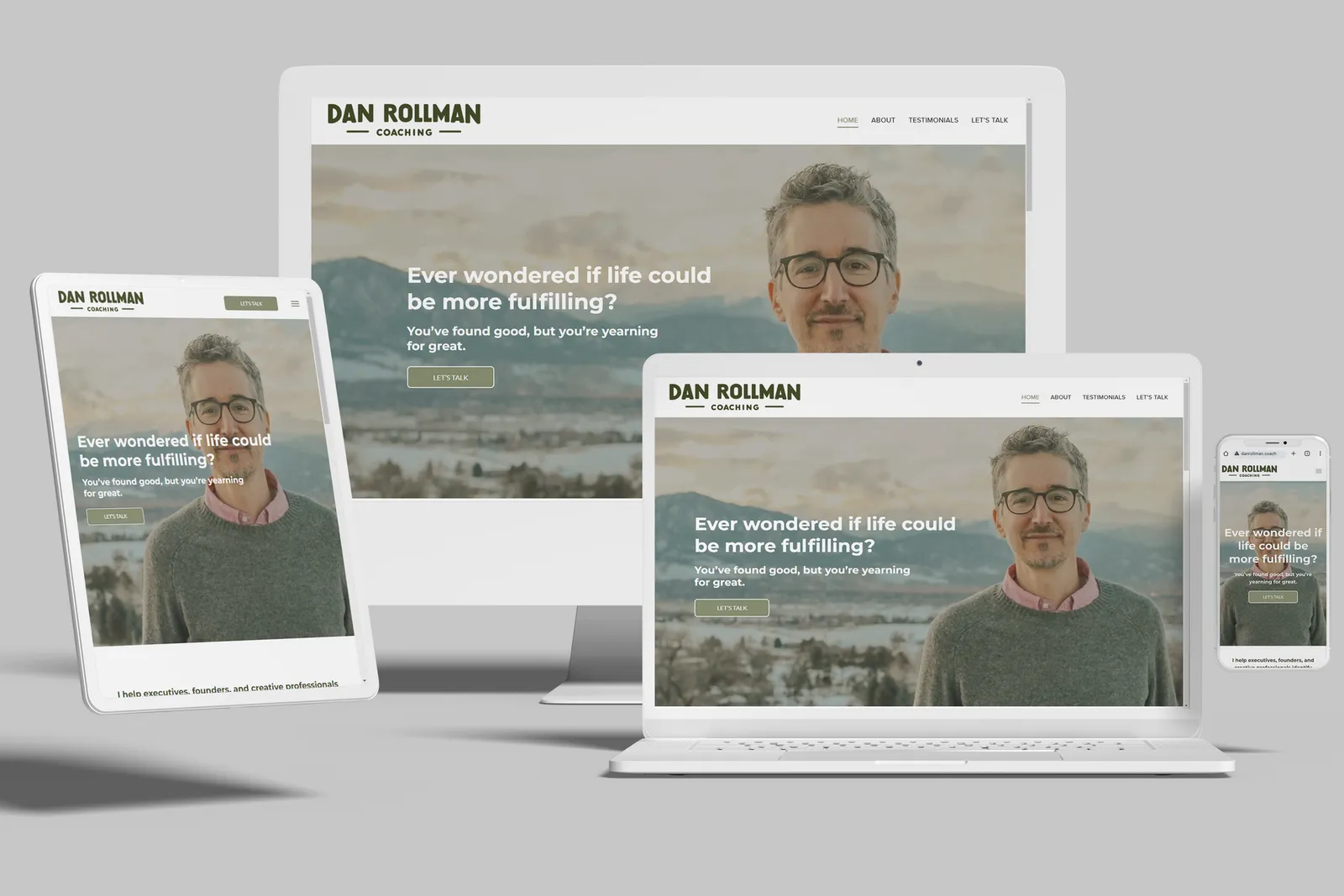 Business coach website shown on desktop, laptop, tablet and phone