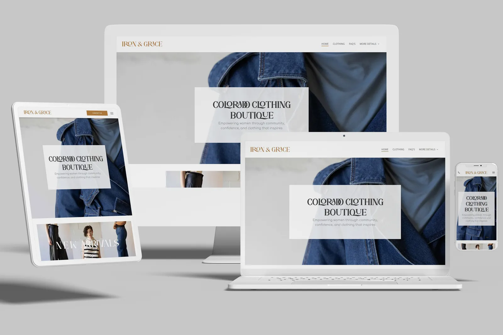 Clothing boutique website shown on desktop, laptop, tablet and phone