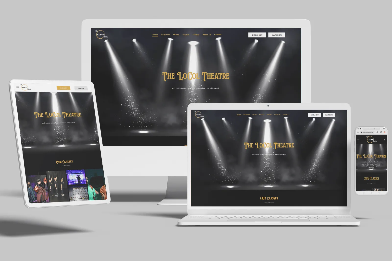 Theater website shown on desktop, laptop, tablet and phone