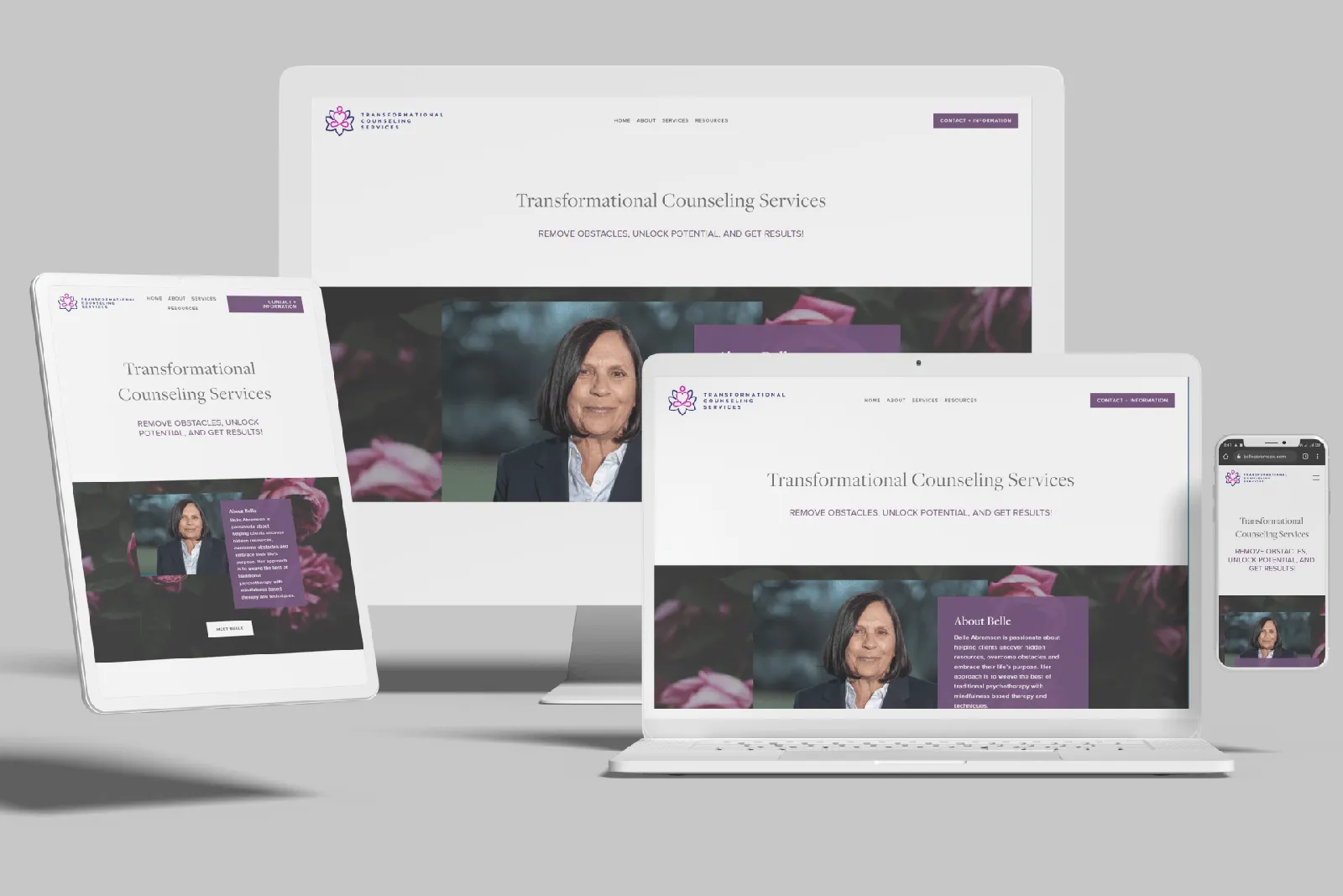 Counseling service website shown on desktop, laptop, tablet and phone
