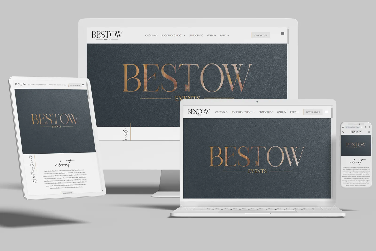 Event venue website shown on desktop, laptop, tablet and phone