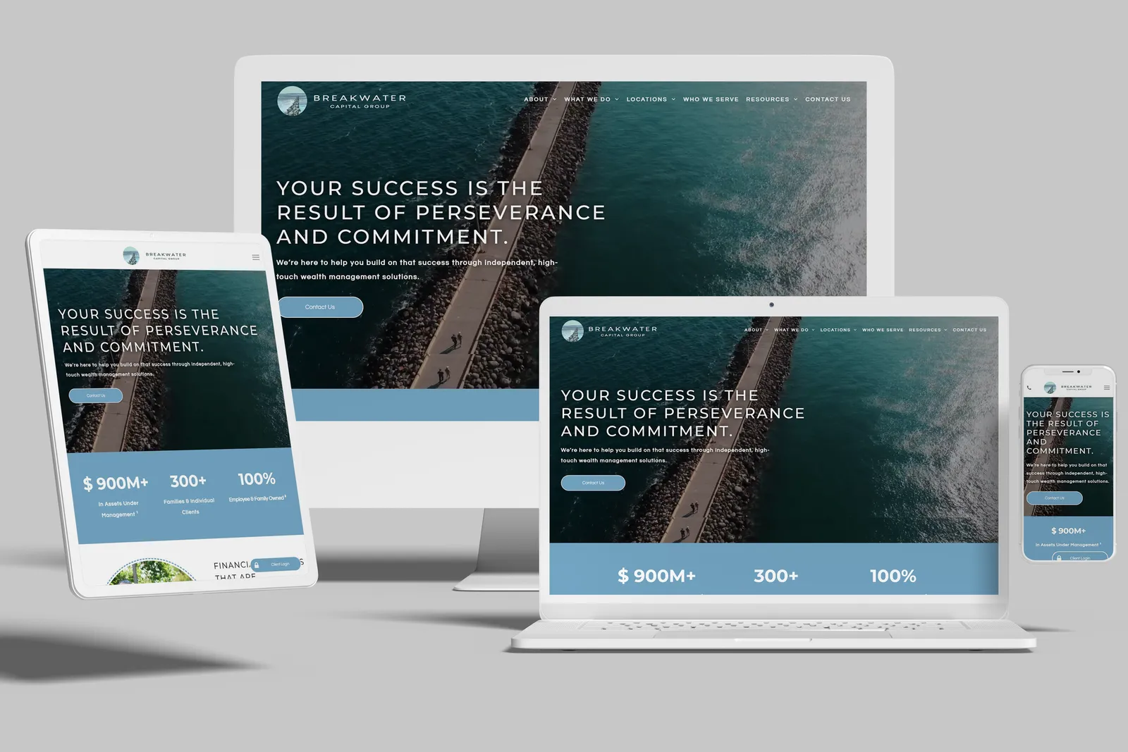 Wealth management firm website shown on desktop, laptop, tablet and phone