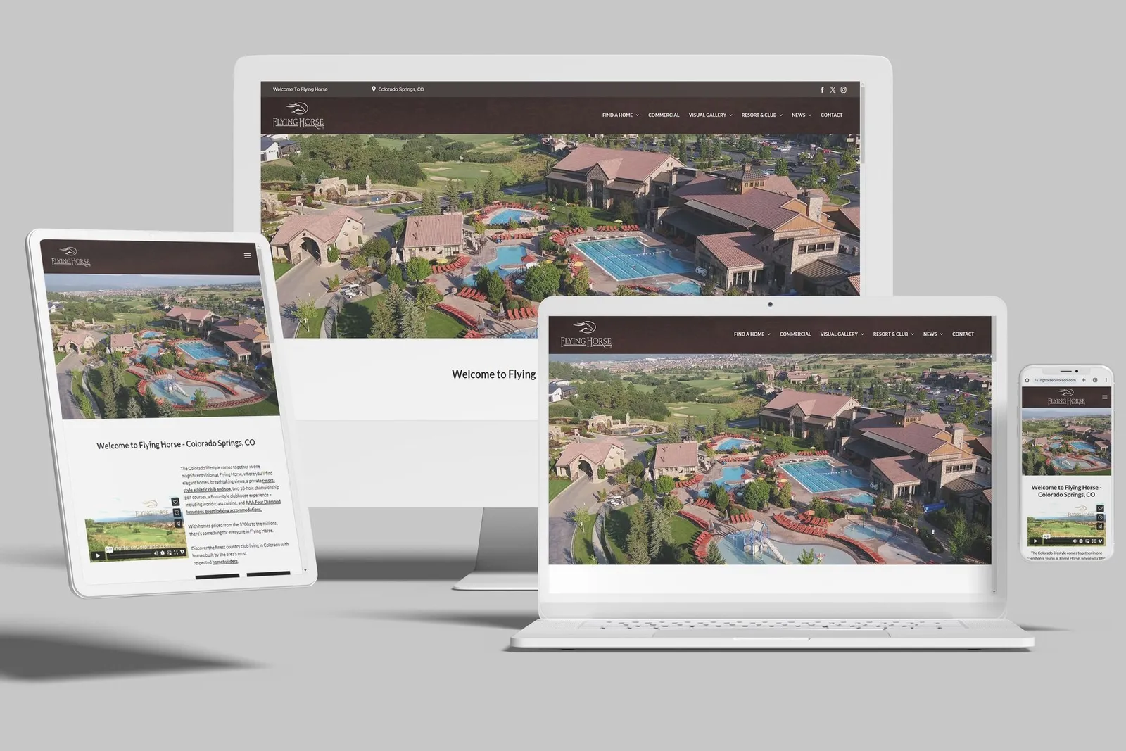 Luxury residential community website shown on desktop, laptop, tablet and phone