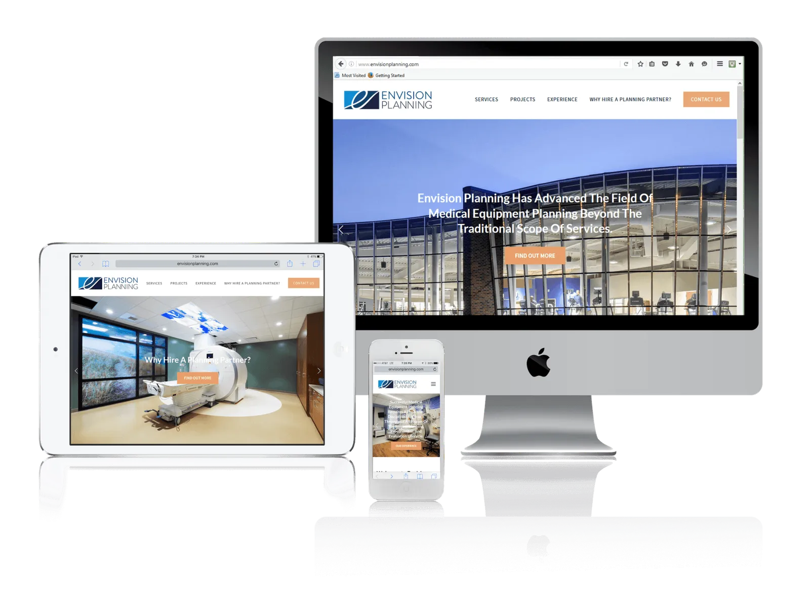 Colorado medical equipment planning firm website shown on desktop, laptop, tablet and phone