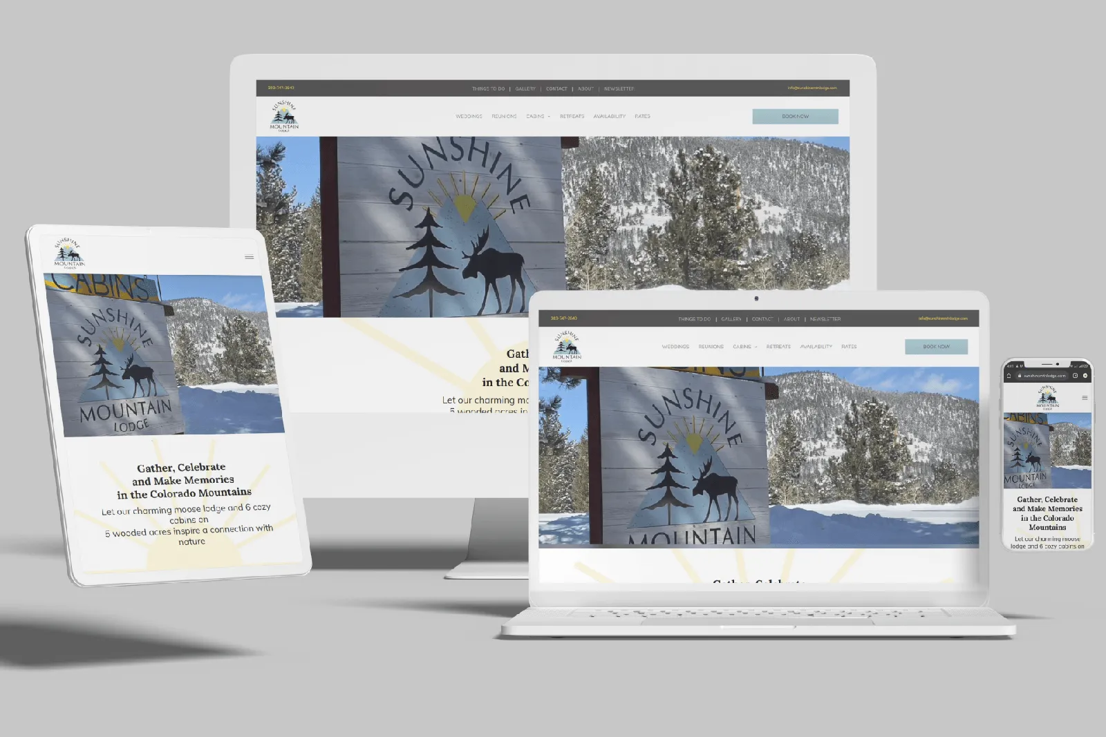 Mountain lodge website shown on desktop, laptop, tablet and phone